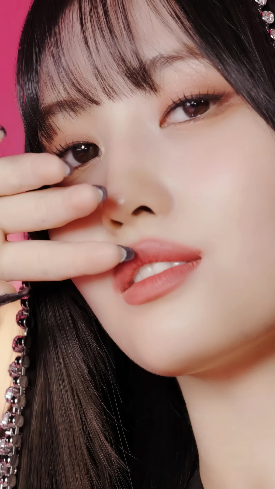 Momo from TWICE close-up with hand covering face HD Phone Wallpaper