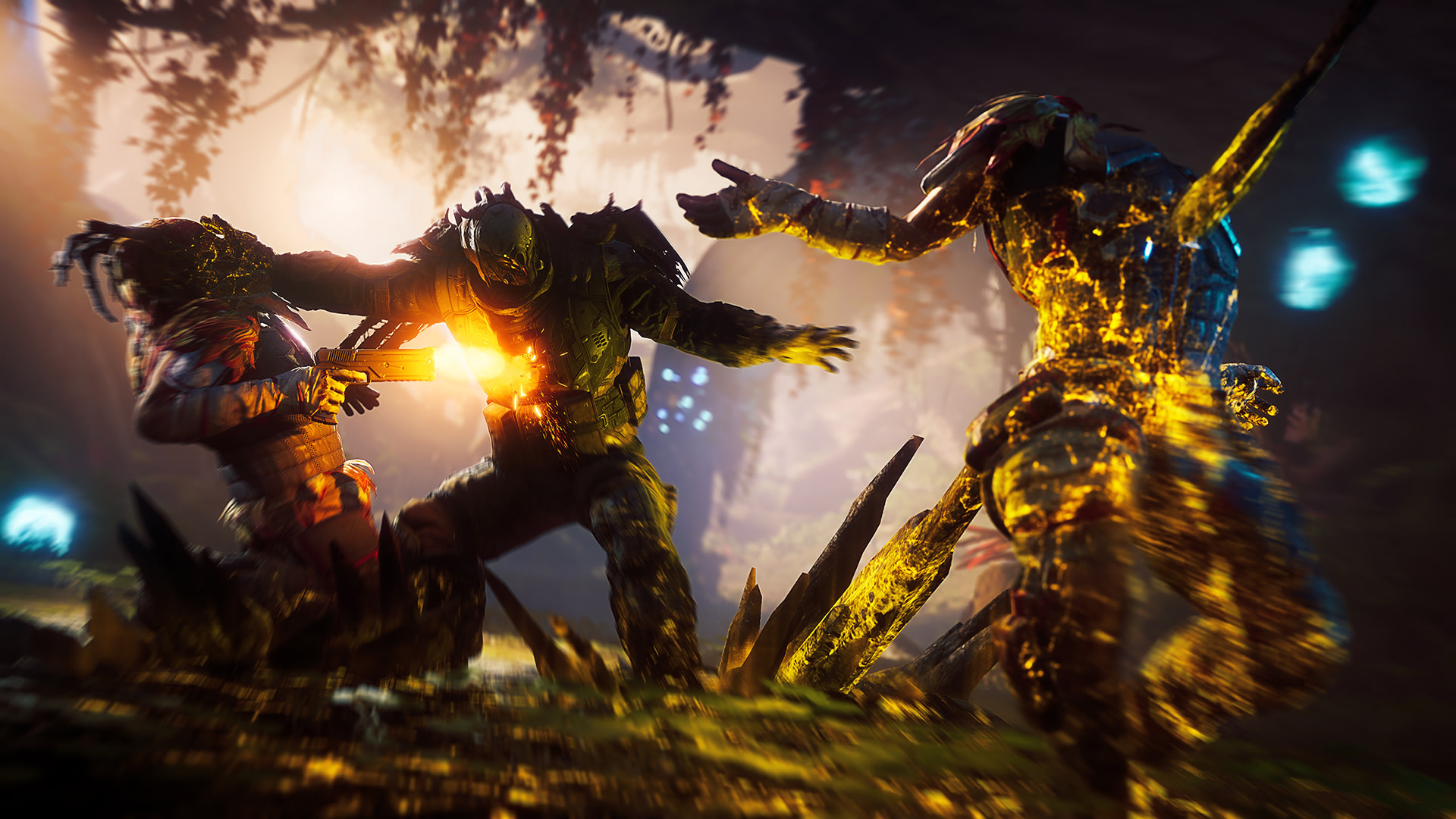 Outriders characters fighting in a forest HD Wallpaper