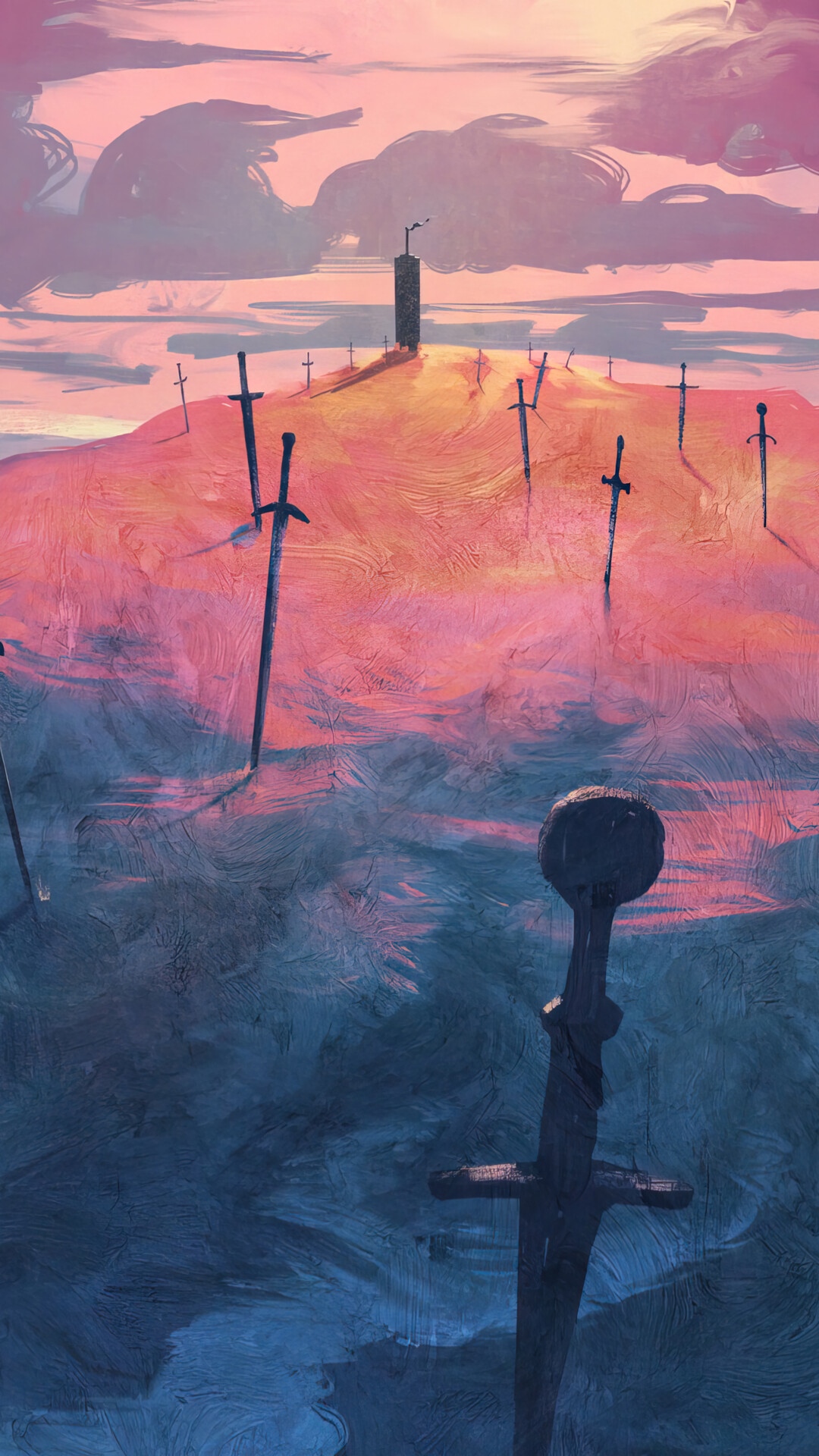 Swords on a Hill with a Tower HD Phone Wallpaper