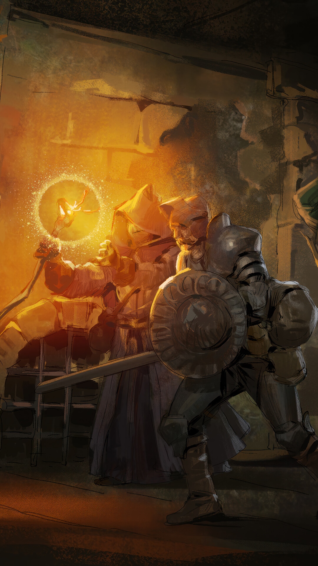 Dark and Darker dungeon scene with knights and magic HD Phone Wallpaper