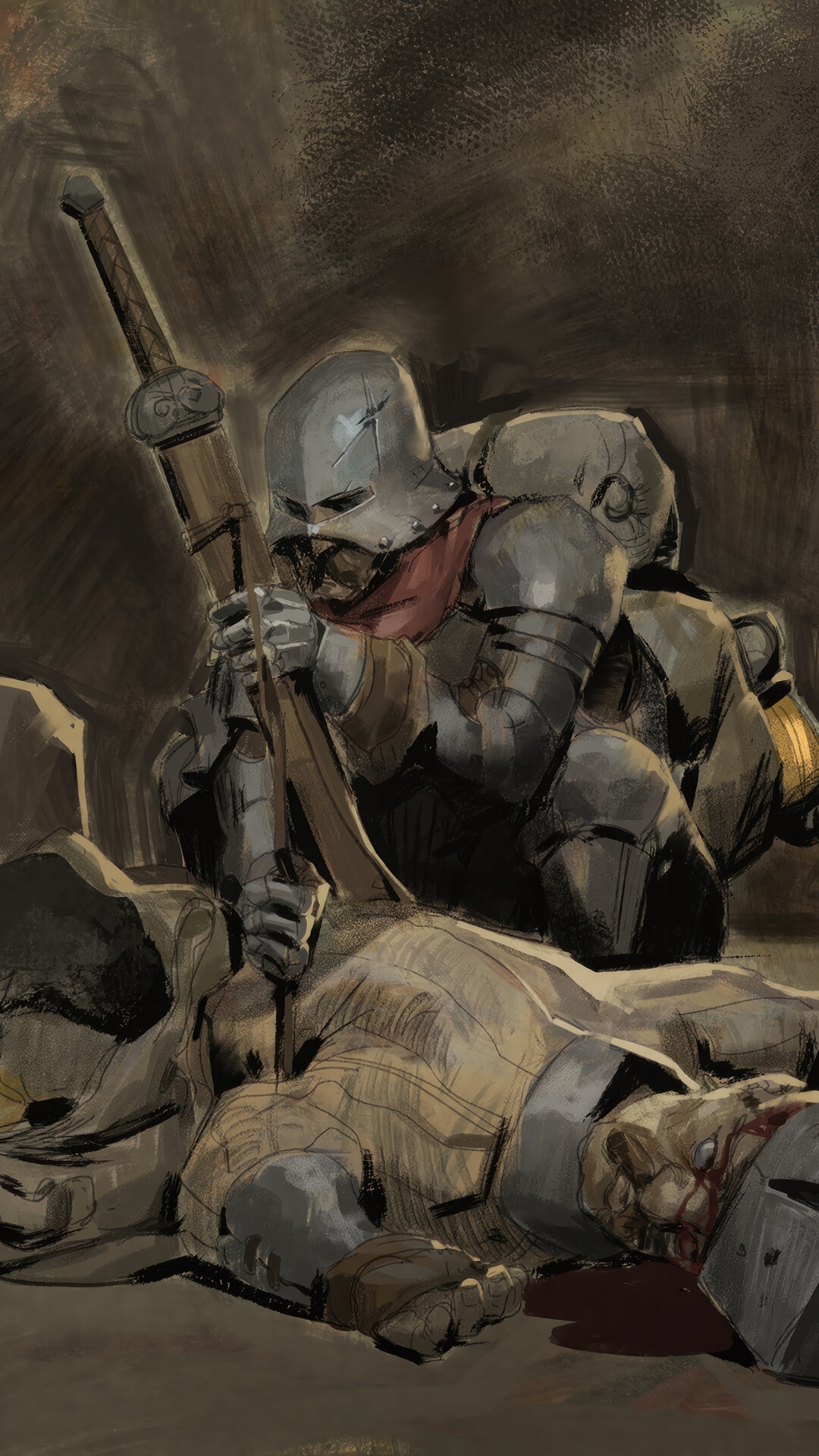 Dark and Darker: Knight Looting Fallen Warrior HD Phone Wallpaper