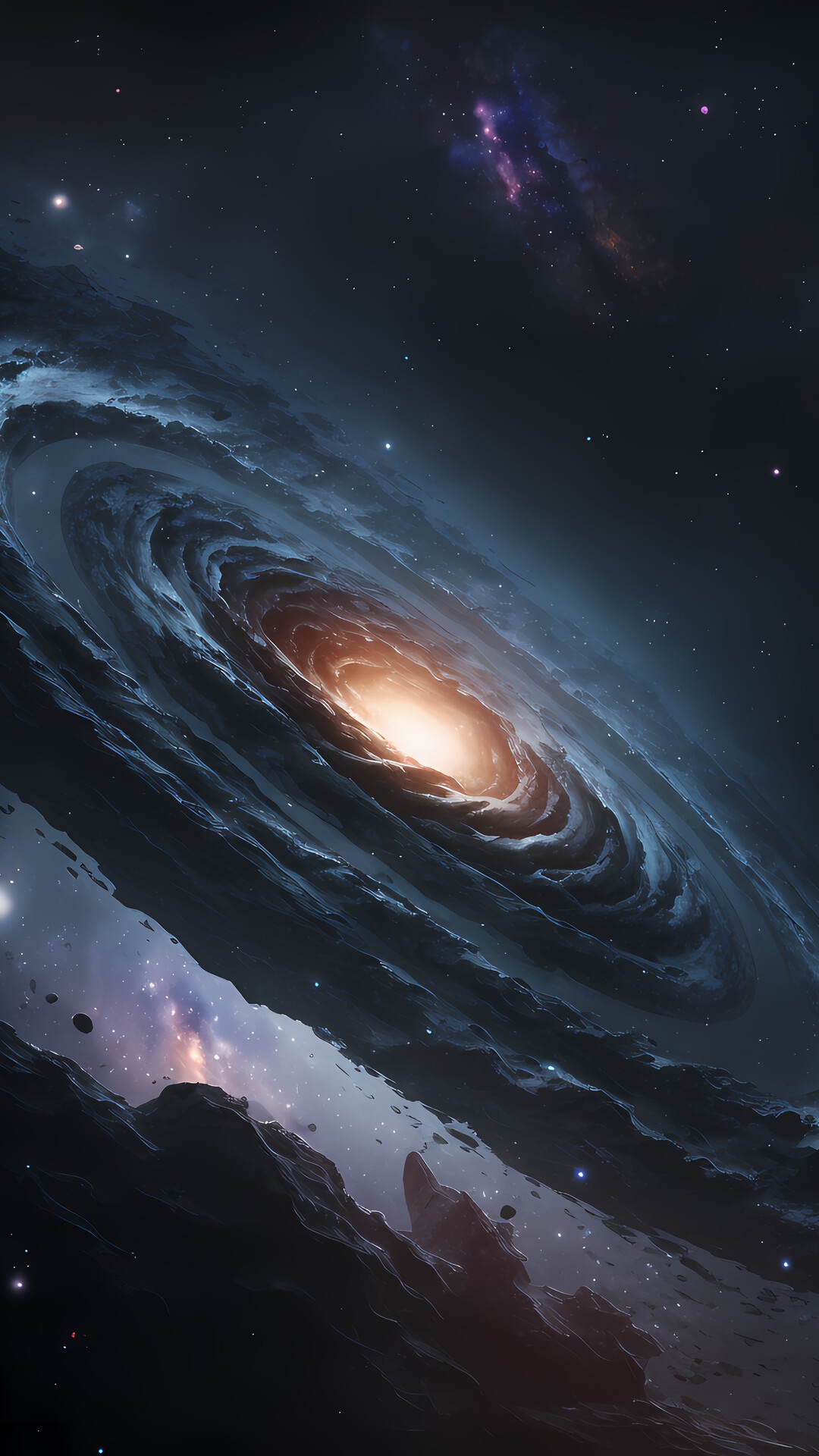 A swirling galaxy with a bright core and distant nebulae HD Phone Wallpaper