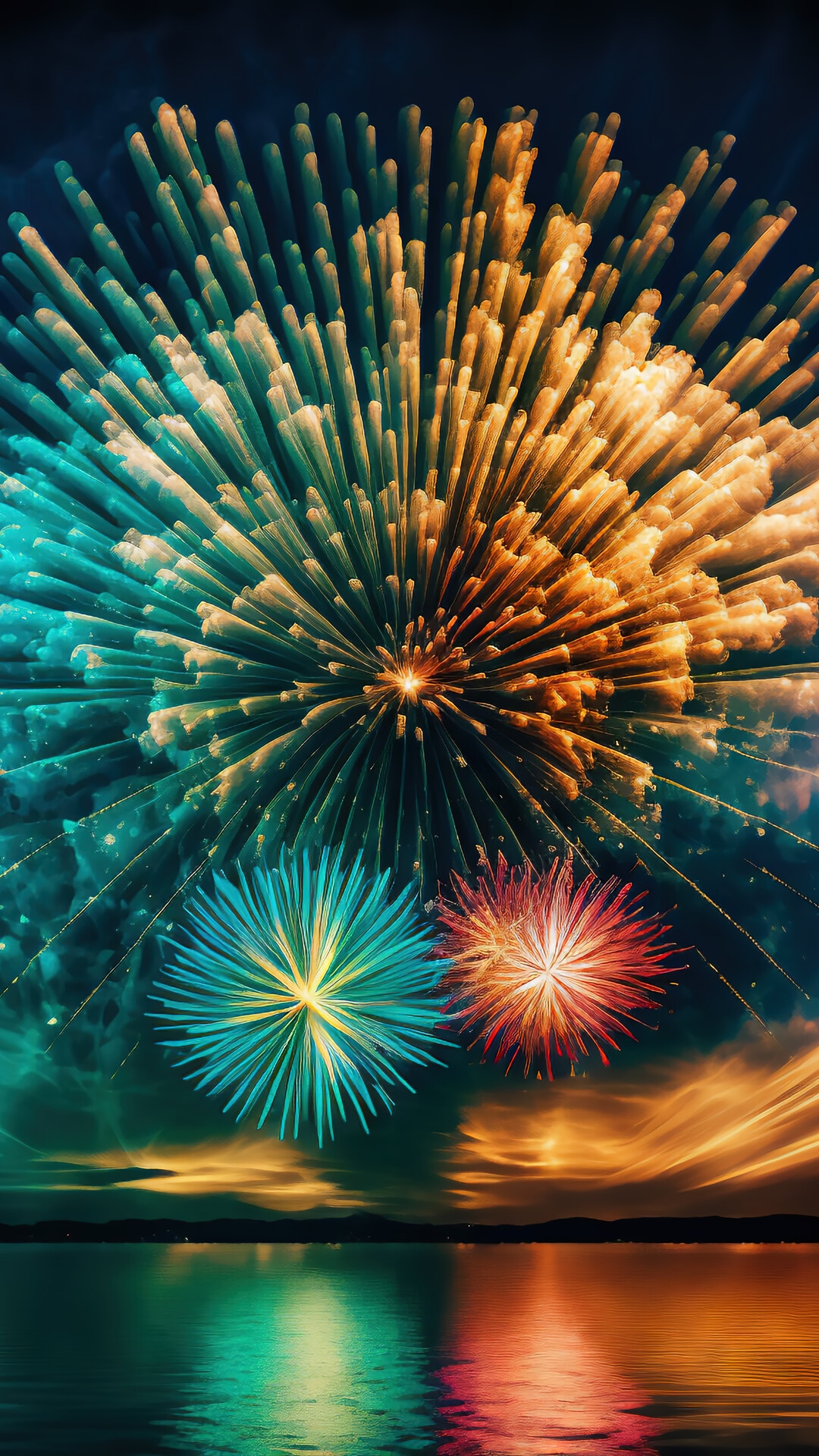 Colorful Fireworks Display Over Water HD Phone Wallpaper