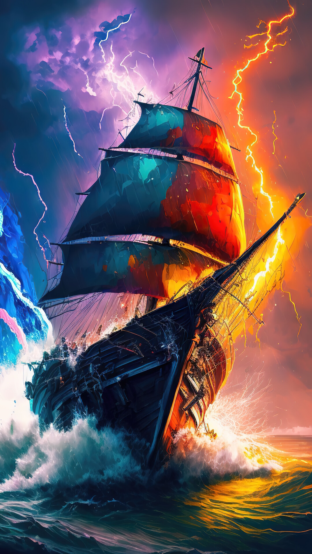 A colorful ship sails through a stormy ocean with lightning HD Phone Wallpaper