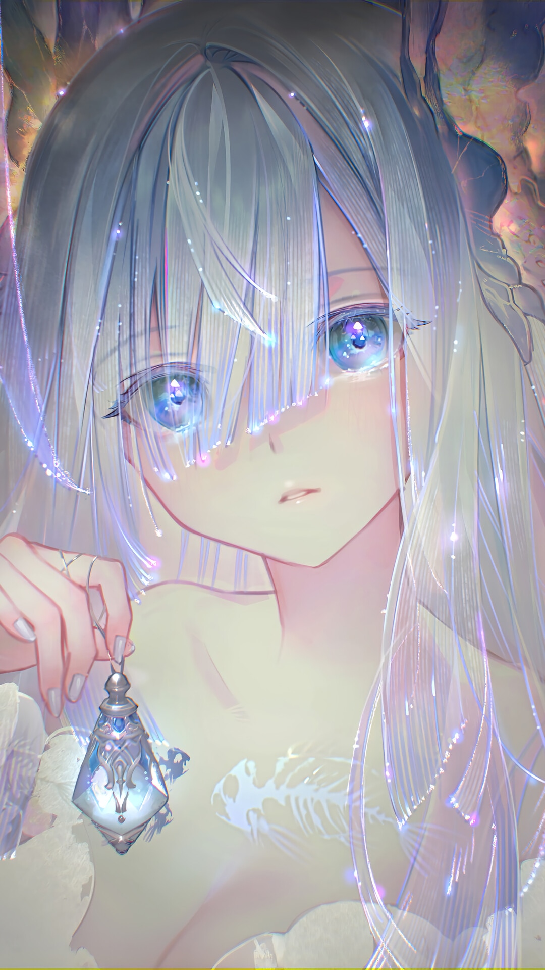Anime Girl with Blue Eyes and White Hair Holding a Pendant HD Phone Wallpaper