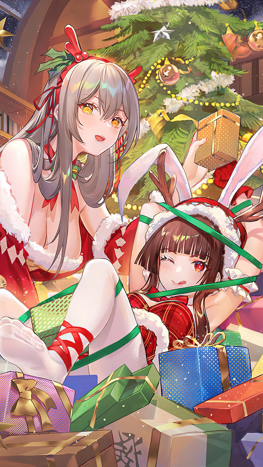 Anime Girls in Christmas Outfits with Gifts HD Phone Wallpaper