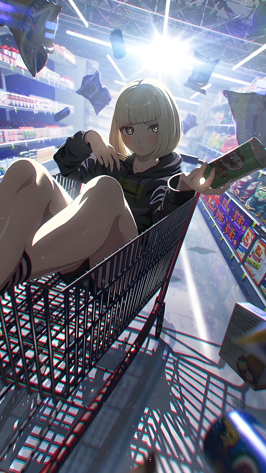 Anime girl in a shopping cart with Pringles HD Phone Wallpaper