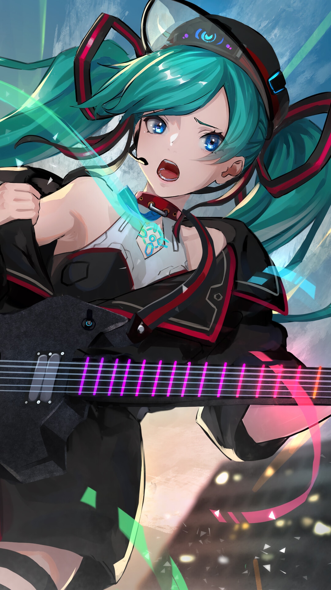 Hatsune Miku Singing and Playing Guitar HD Phone Wallpaper