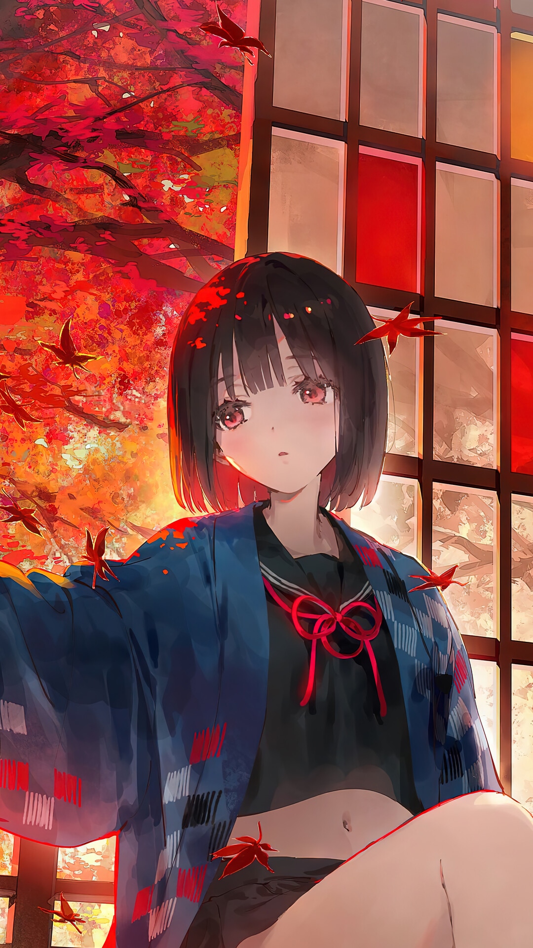 Anime girl in a blue kimono with falling maple leaves HD Phone Wallpaper