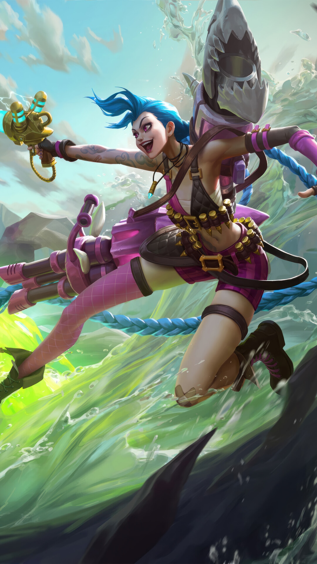 Jinx from League of Legends with her weapons HD Phone Wallpaper