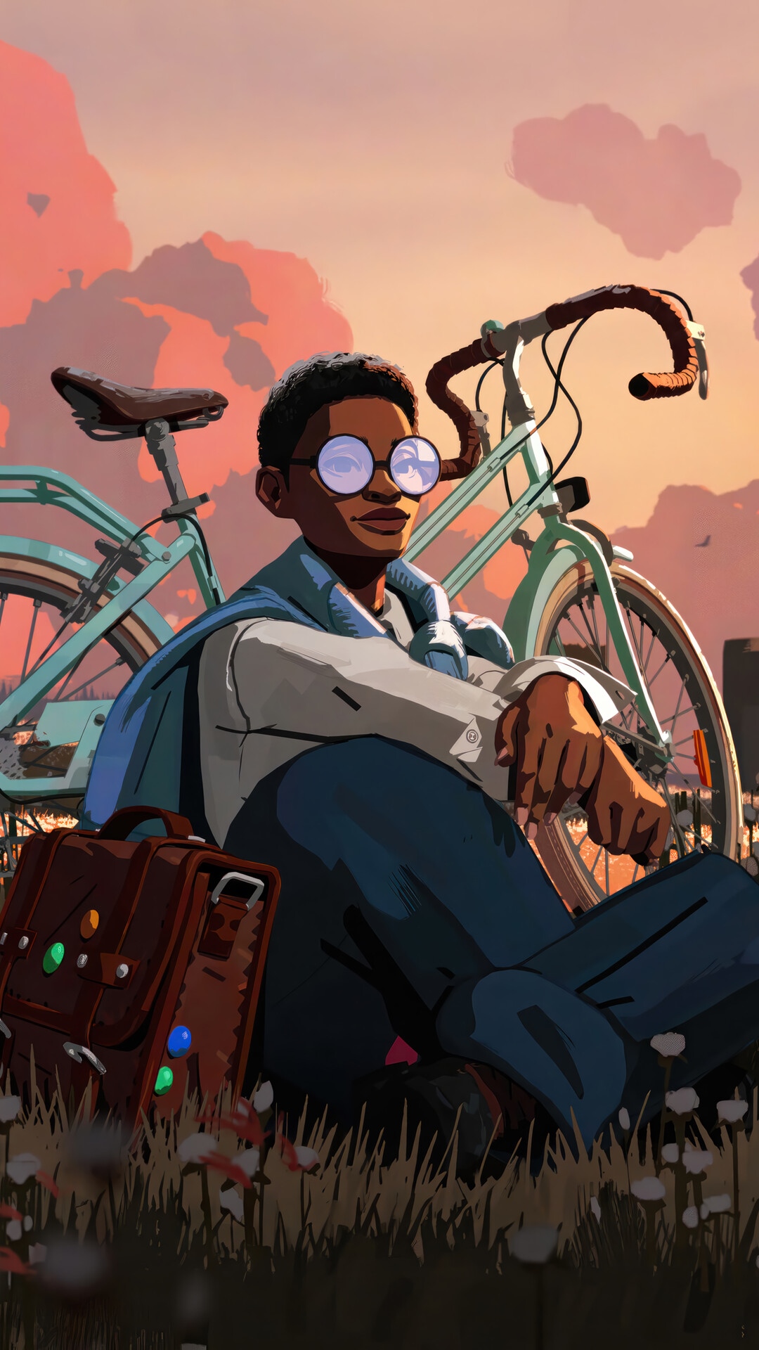 A young person with glasses and a bicycle HD Phone Wallpaper