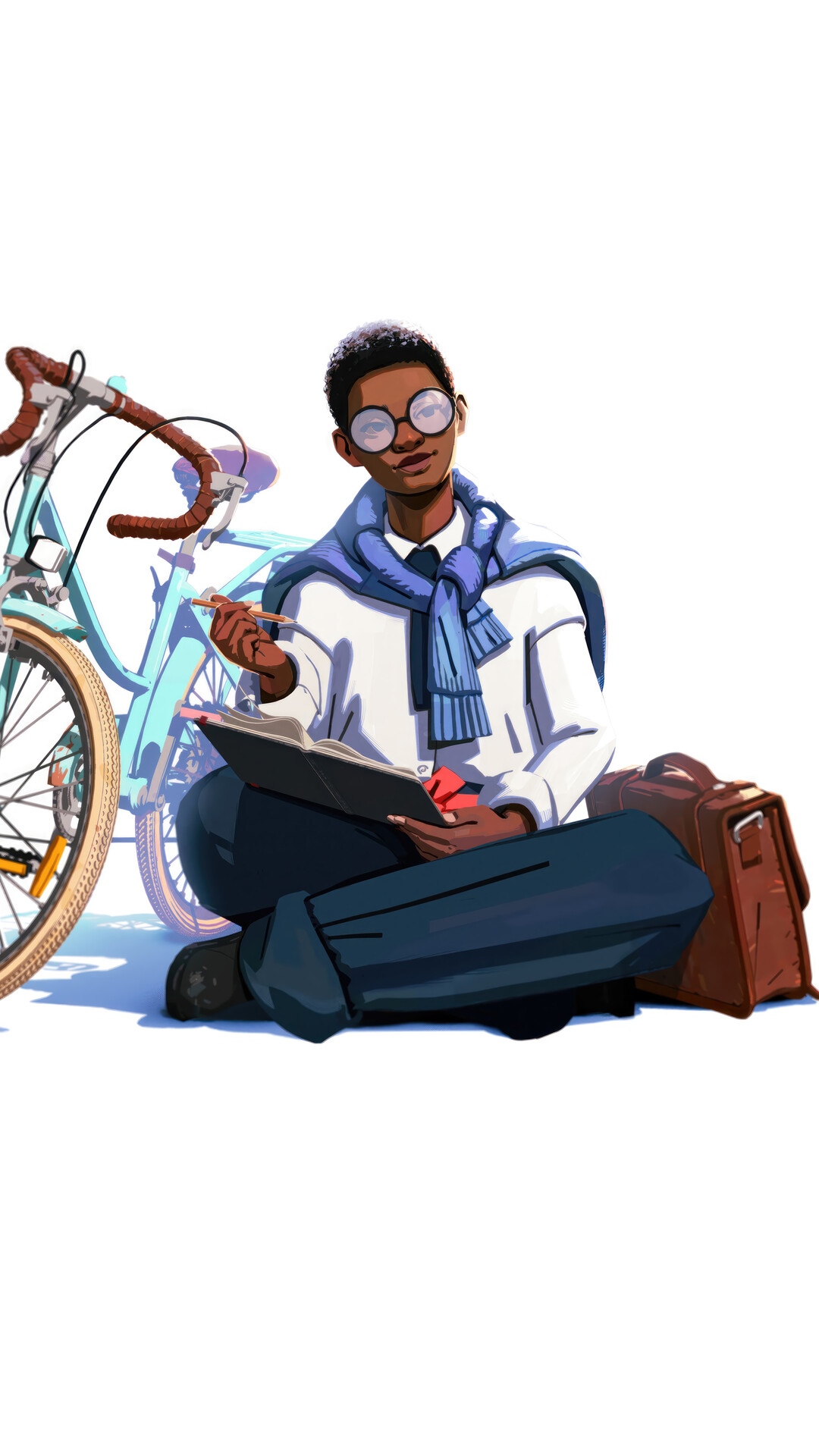 A young person with glasses sits with a book and bicycle HD Phone Wallpaper