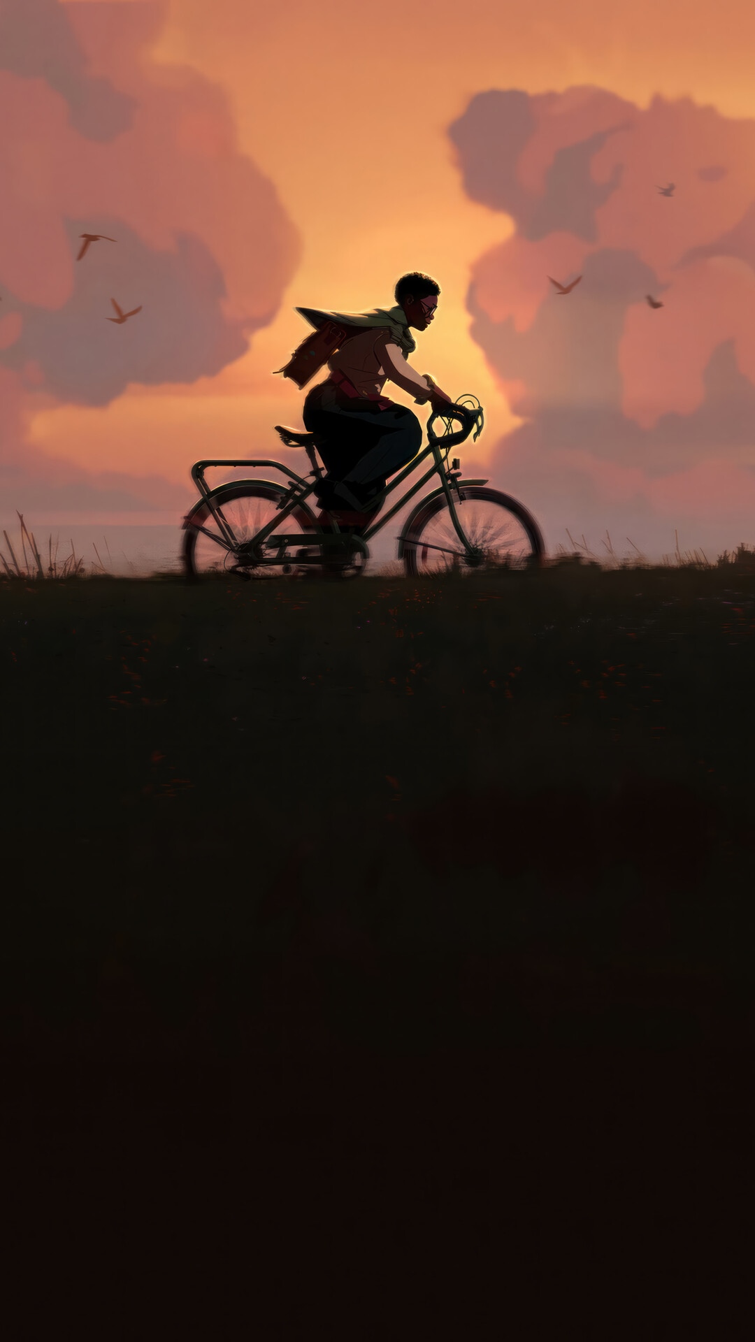 A person rides a bicycle at sunset HD Phone Wallpaper