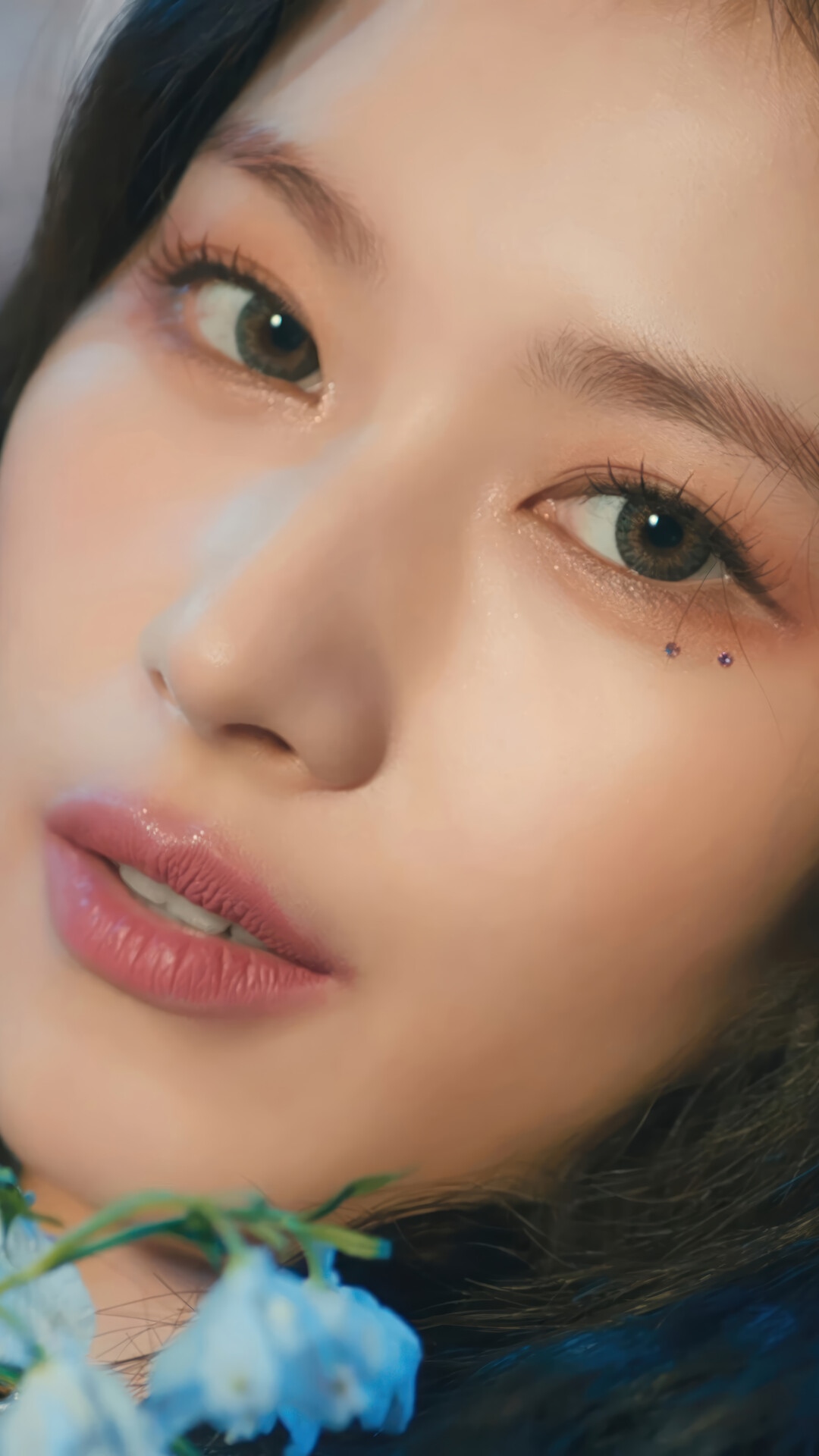 Sana from TWICE with blue flowers HD Phone Wallpaper