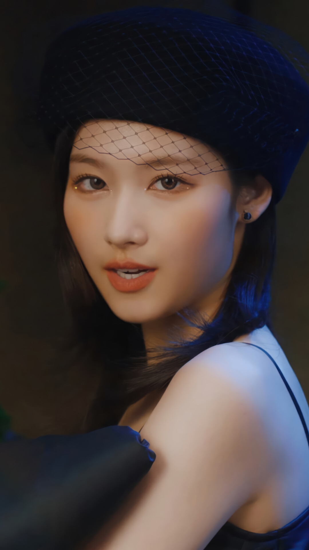 Sana of TWICE wearing a black beret with veil HD Phone Wallpaper