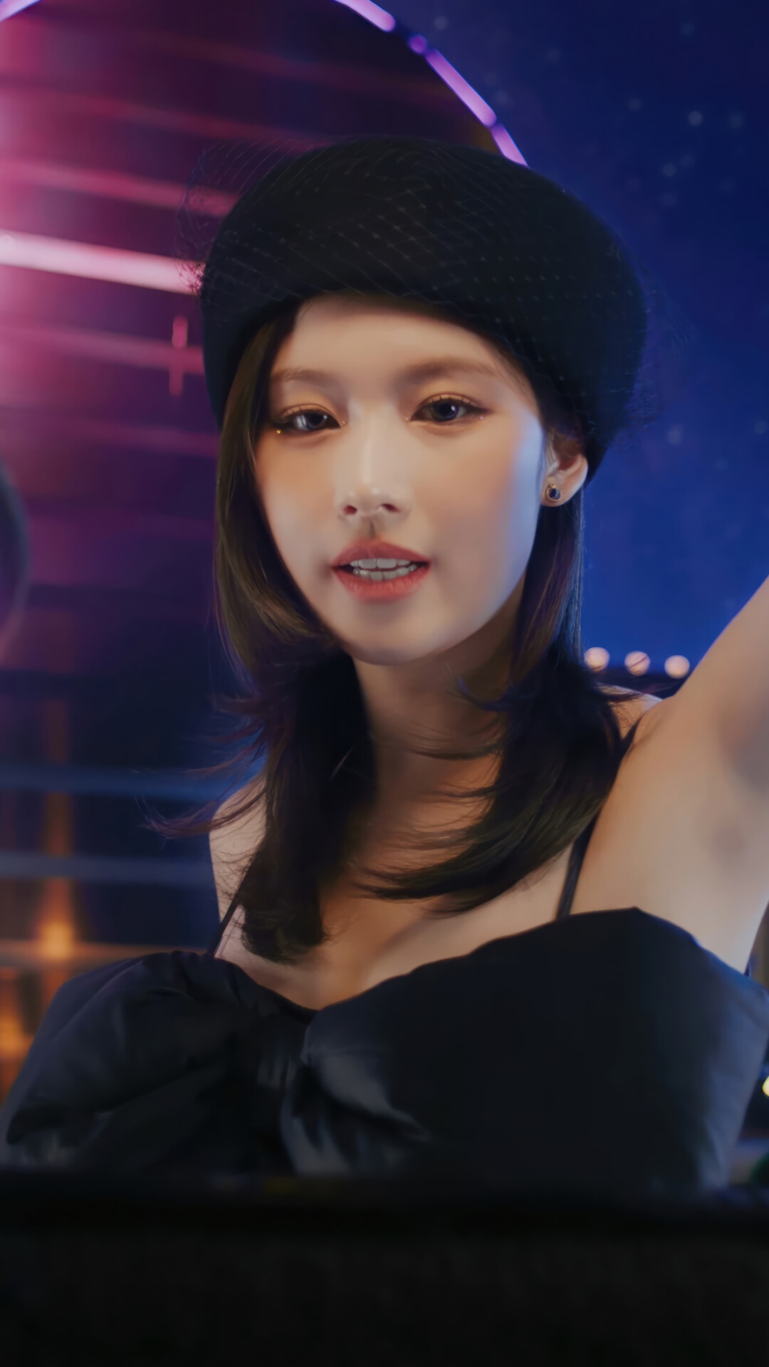 Sana from TWICE wearing a black beret and dress HD Phone Wallpaper