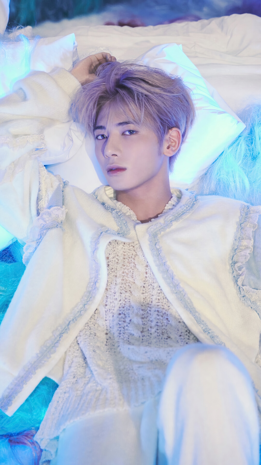 Taehyun from TXT in white and blue outfit HD Phone Wallpaper