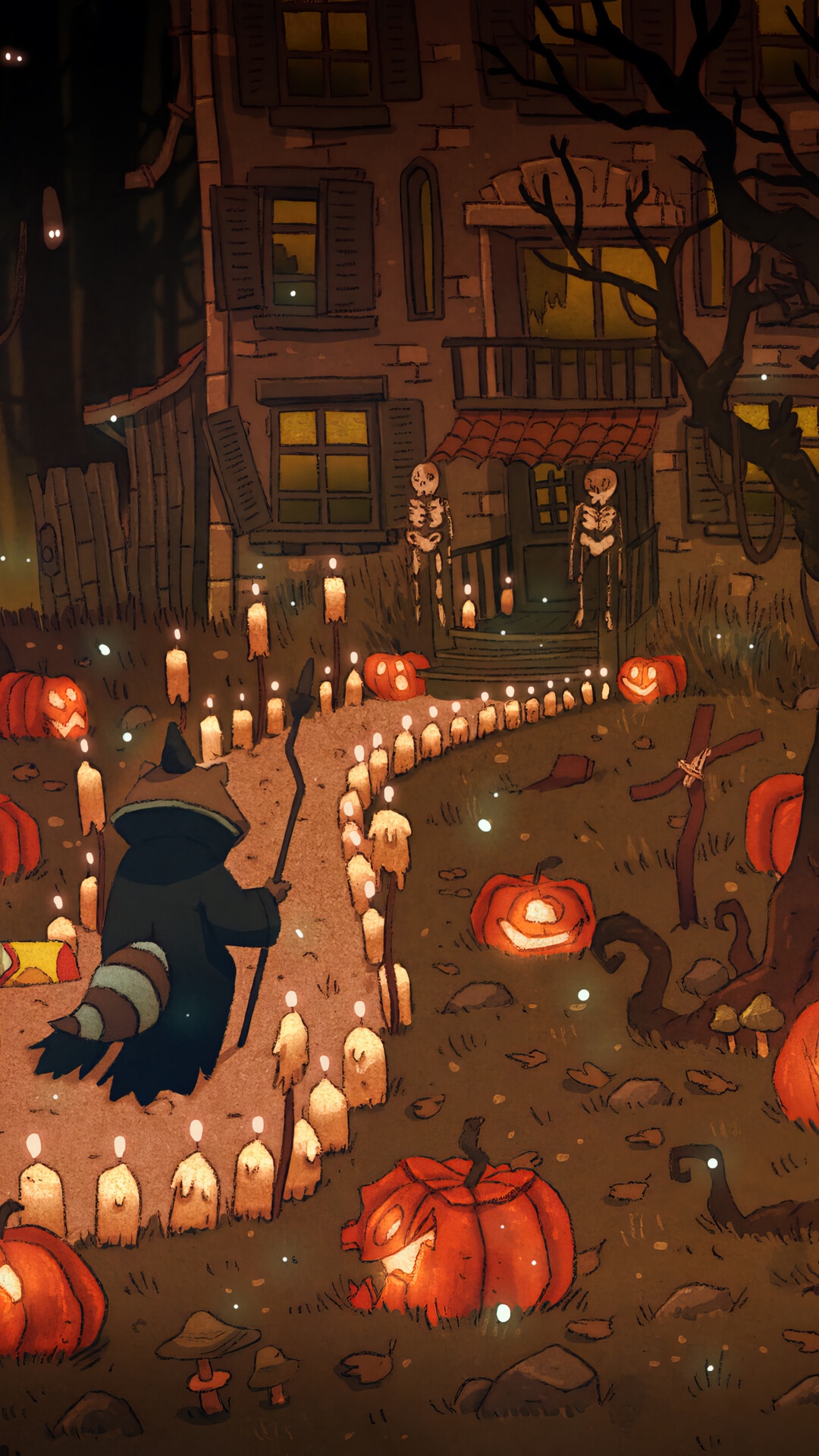 Halloween night with pumpkins and candles HD Phone Wallpaper