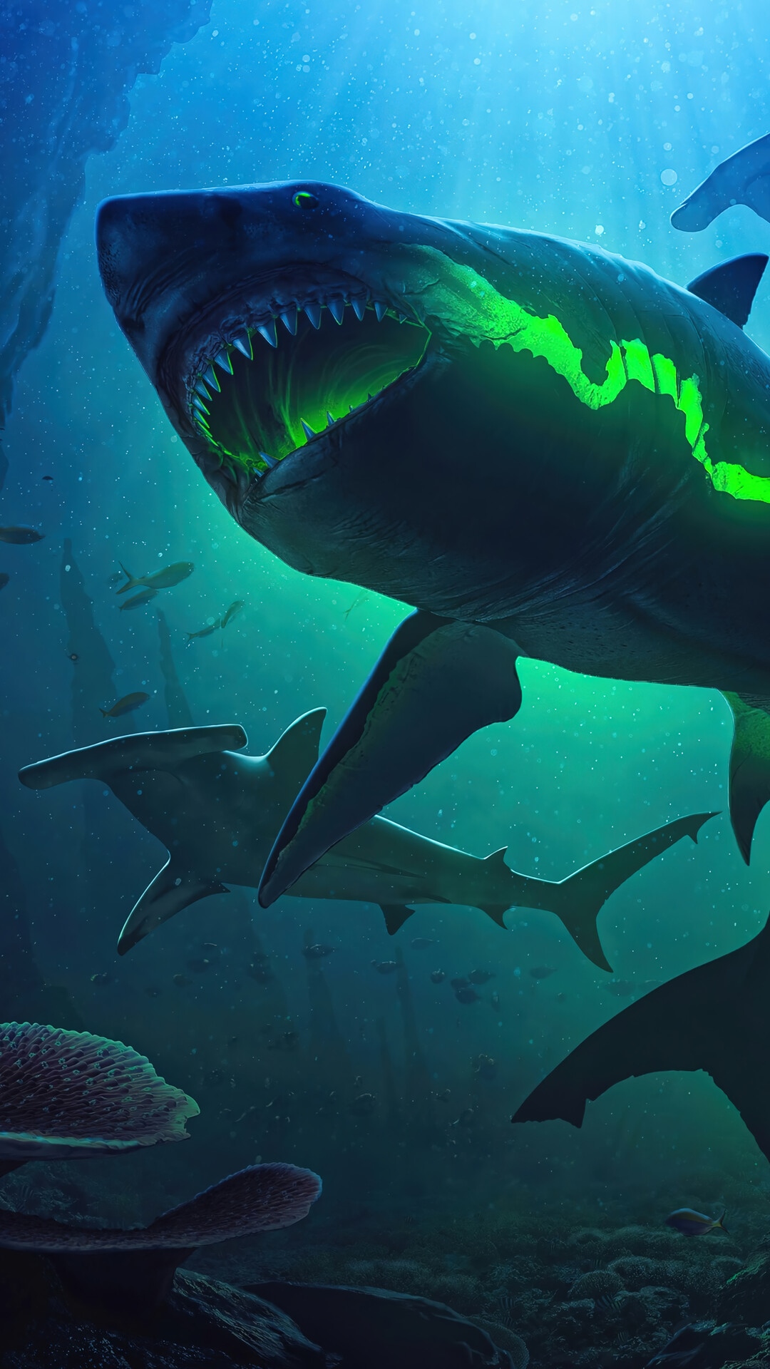 Shark with glowing green mouth in the ocean depths HD Phone Wallpaper