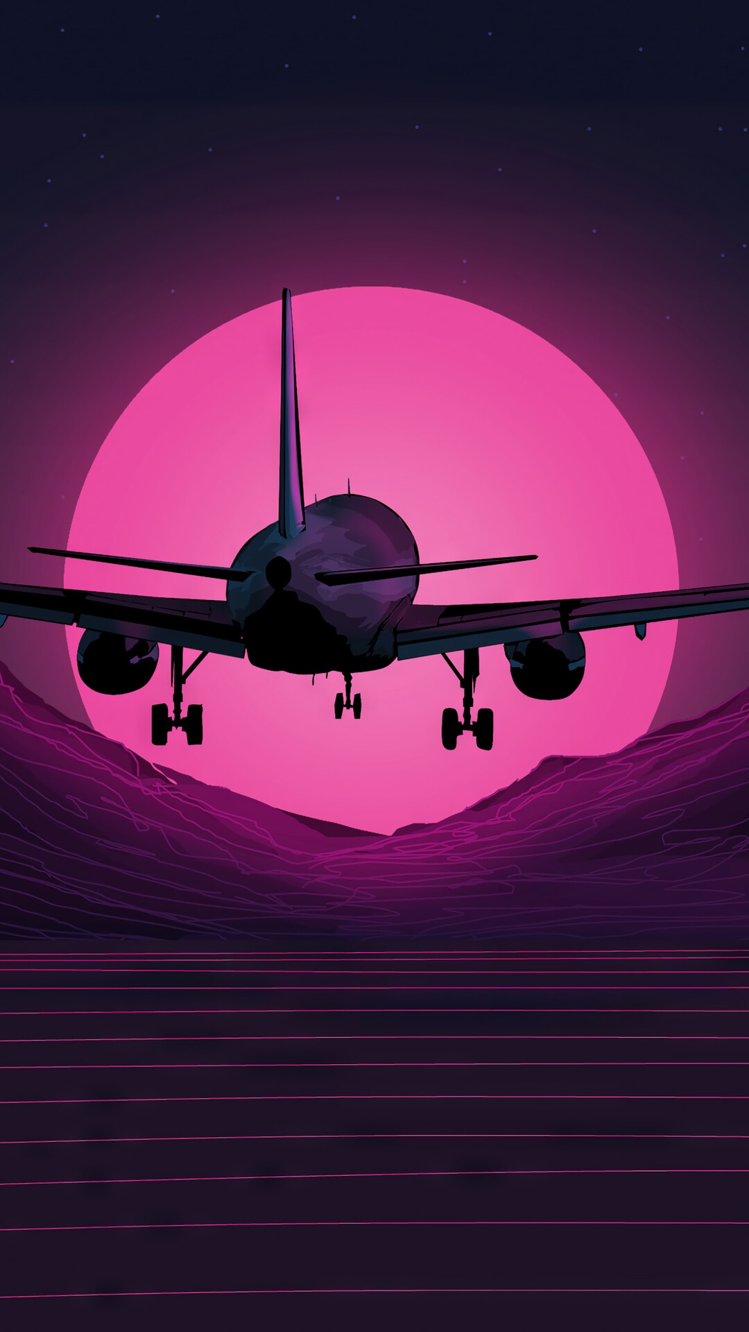 Airplane flying over neon mountains at sunset HD Phone Wallpaper