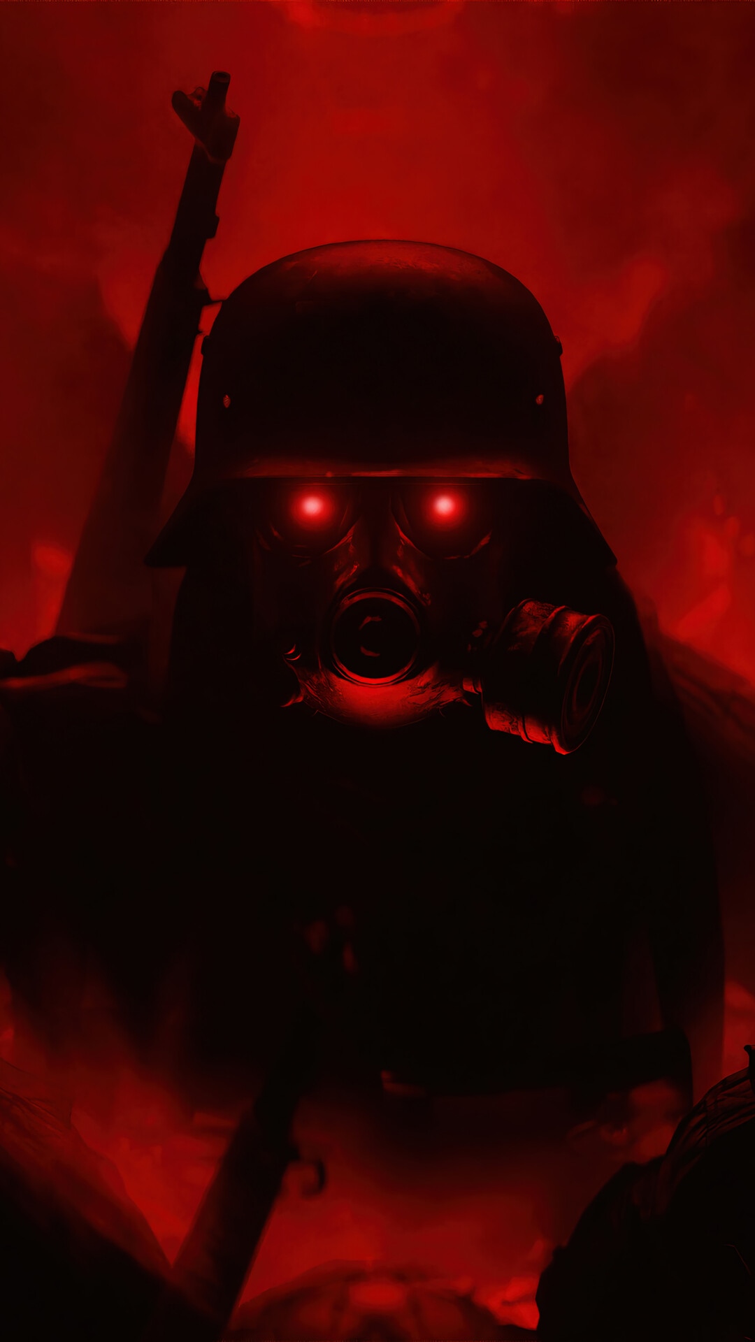 Soldier with gas mask and rifle in red light HD Phone Wallpaper