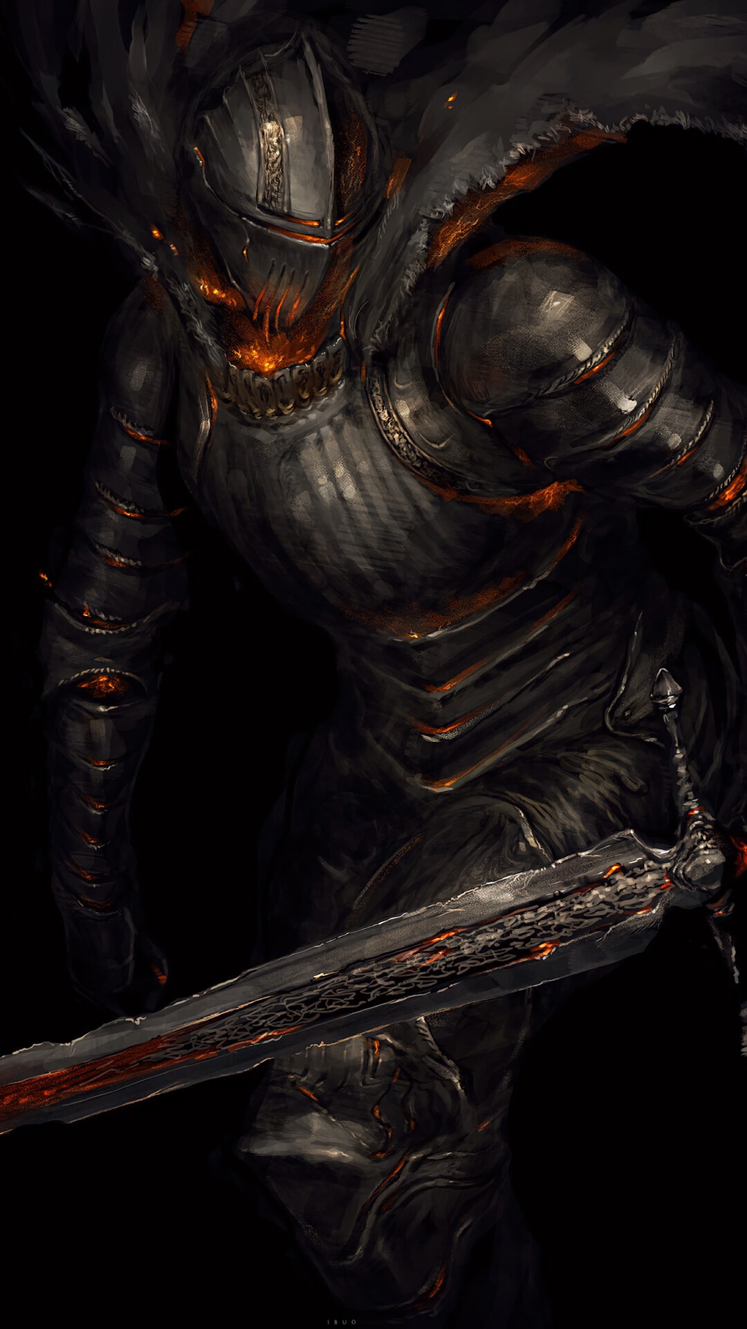 Dark Souls Knight with fiery armor and sword HD Phone Wallpaper
