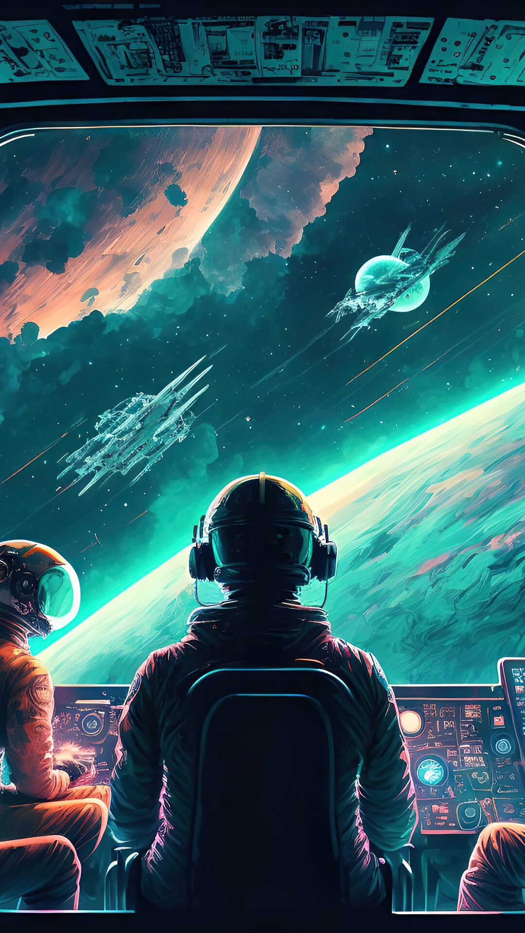 Astronauts in a spaceship looking out at space HD Phone Wallpaper