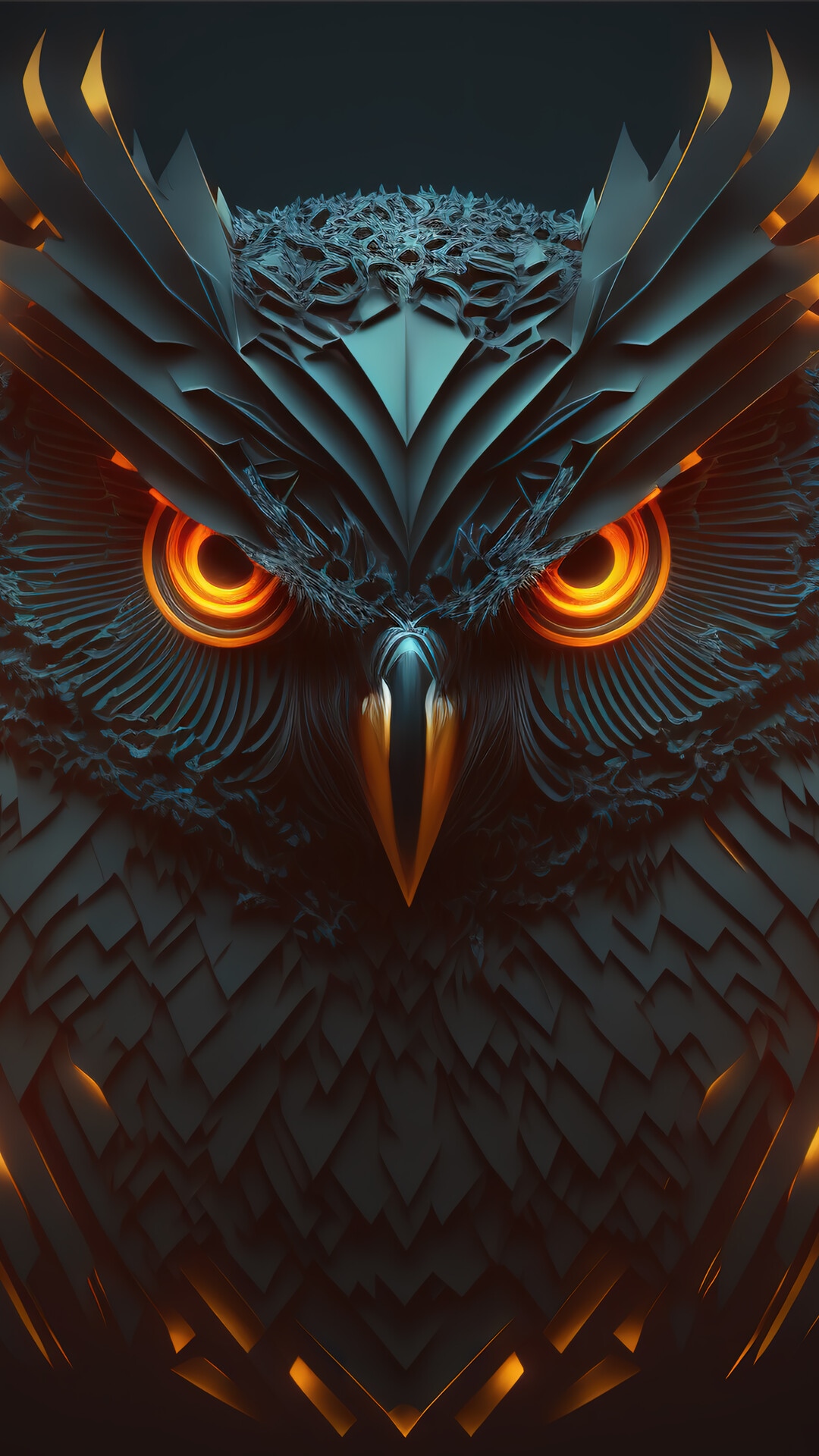 Close-up of a stylized owl with glowing orange eyes HD Phone Wallpaper