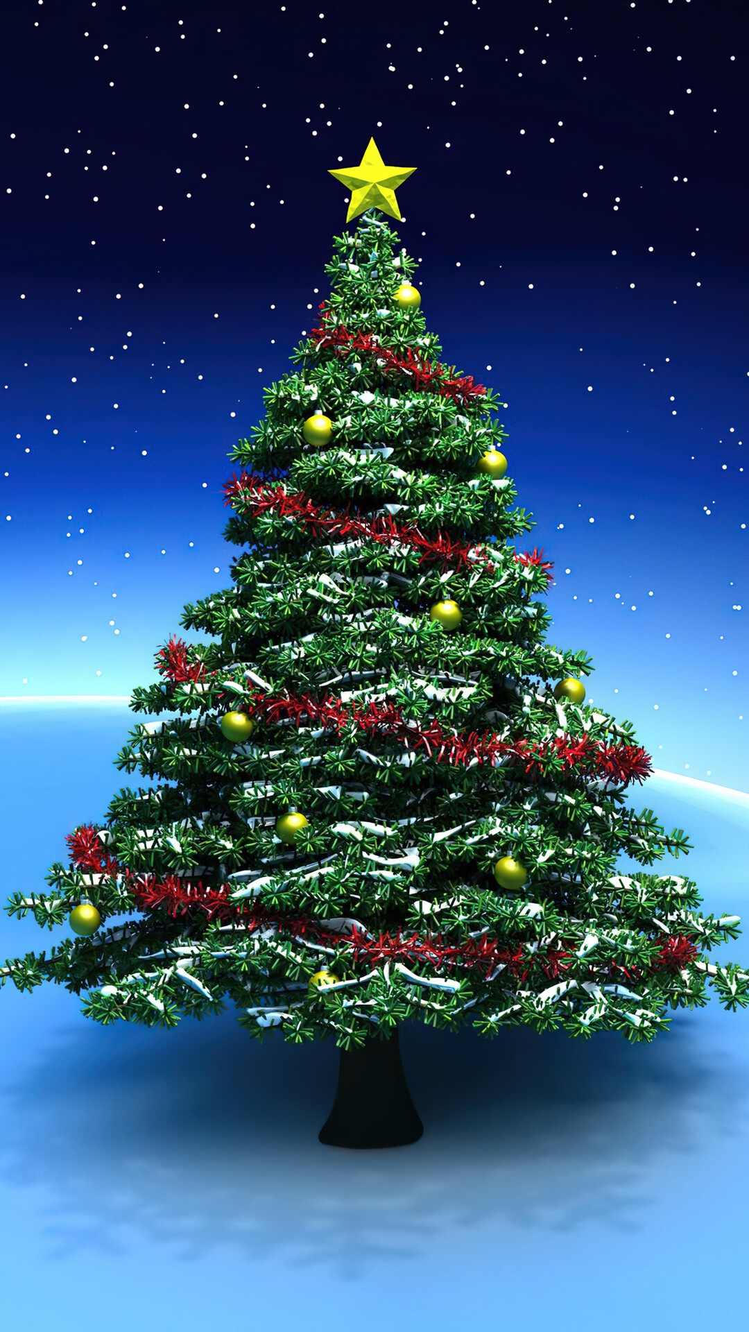 Decorated Christmas Tree with Star and Snow HD Phone Wallpaper
