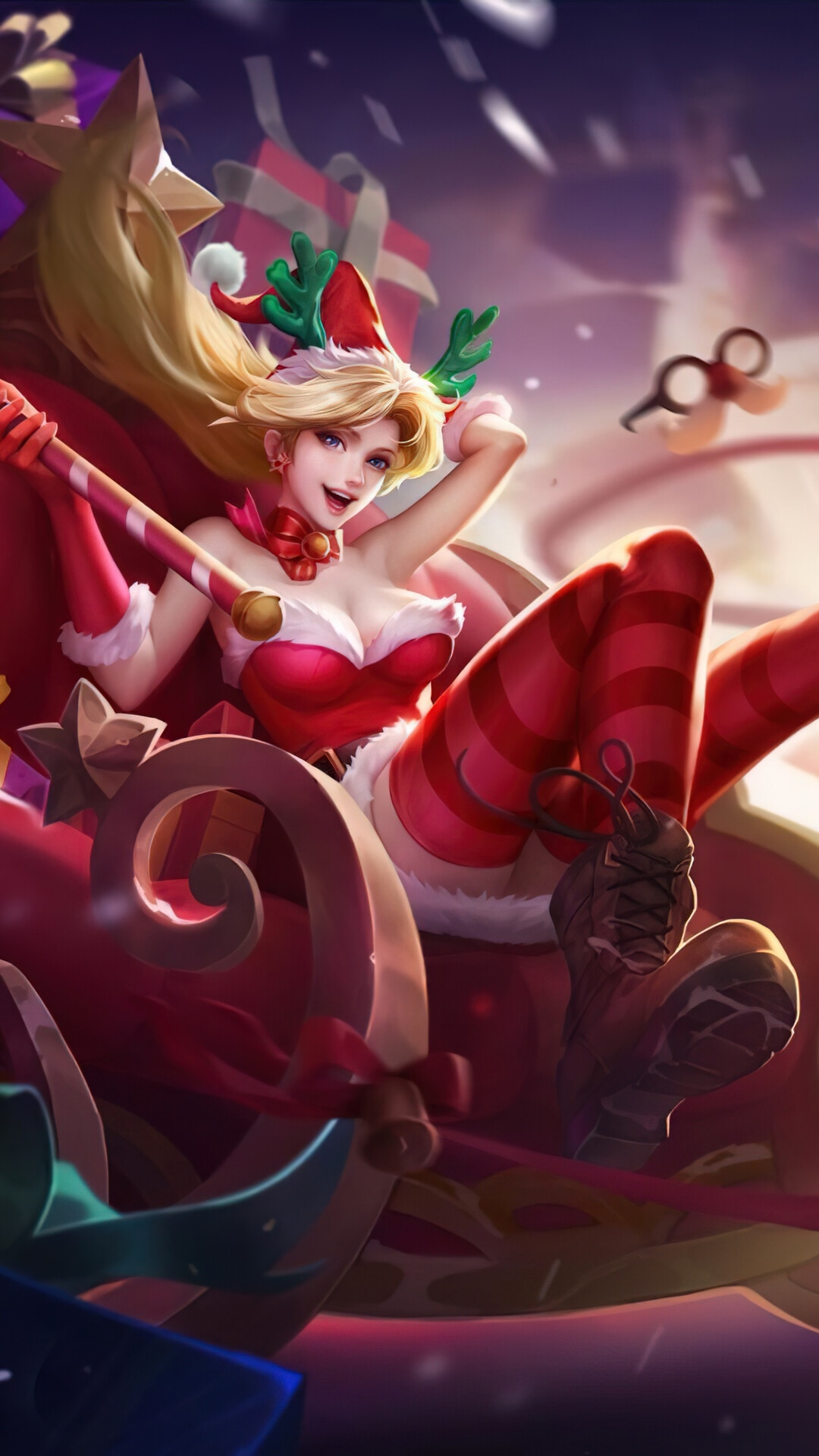 Christmas Girl in a Sleigh with Reindeer Antlers HD Phone Wallpaper