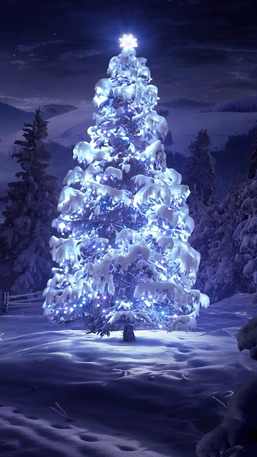 Snow-covered Christmas tree with blue lights in a forest HD Phone Wallpaper