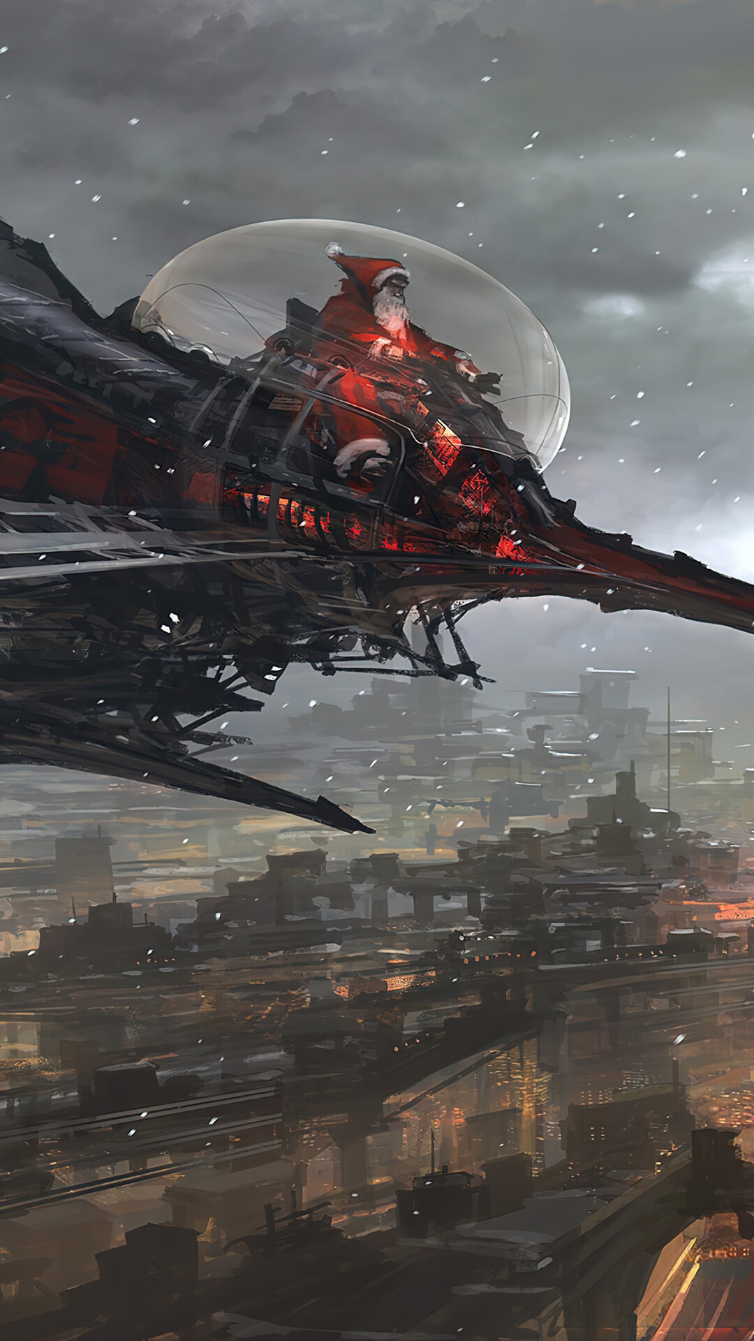 Santa Claus in a Steampunk Sleigh over a City HD Phone Wallpaper