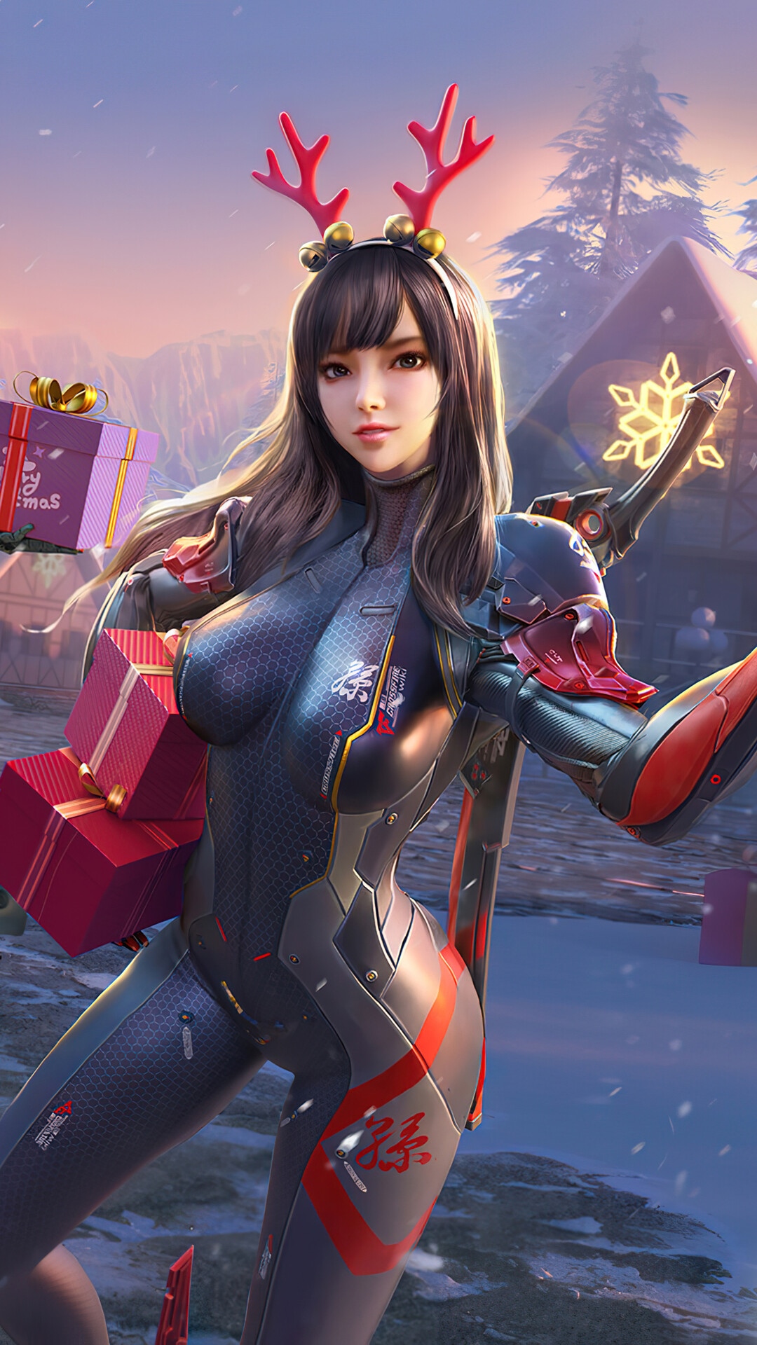 Girl with Christmas Gifts and Antlers in Crossfire HD Phone Wallpaper