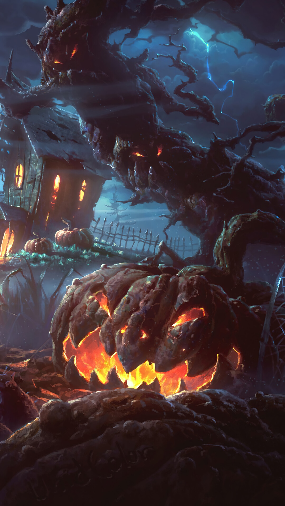 Halloween night with a spooky pumpkin and haunted house HD Phone Wallpaper