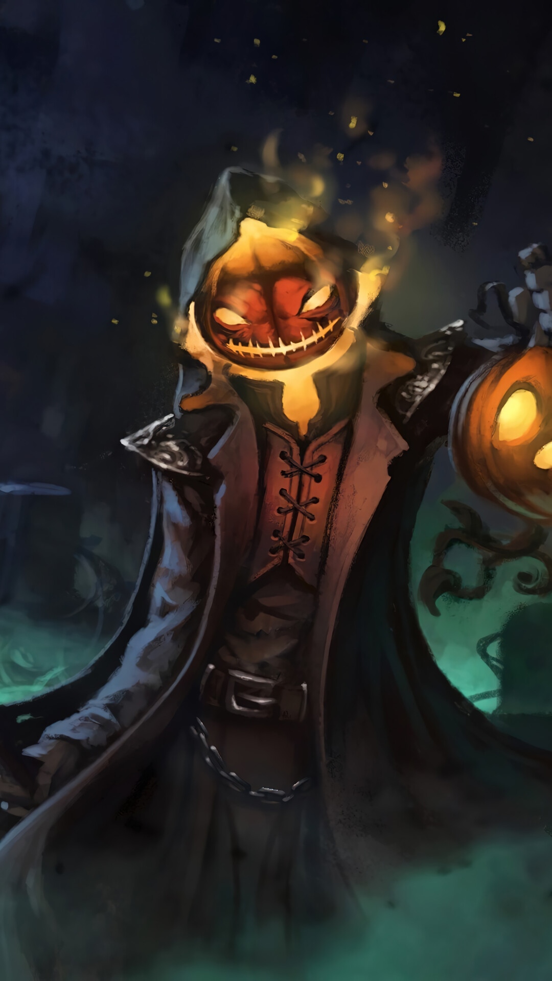 Pumpkinhead holding a jack-o'-lantern with a fiery head HD Phone Wallpaper