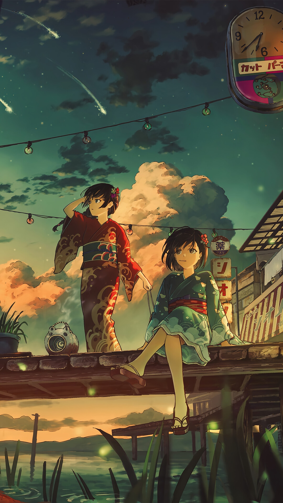 Two girls in kimonos under a starry sky HD Phone Wallpaper