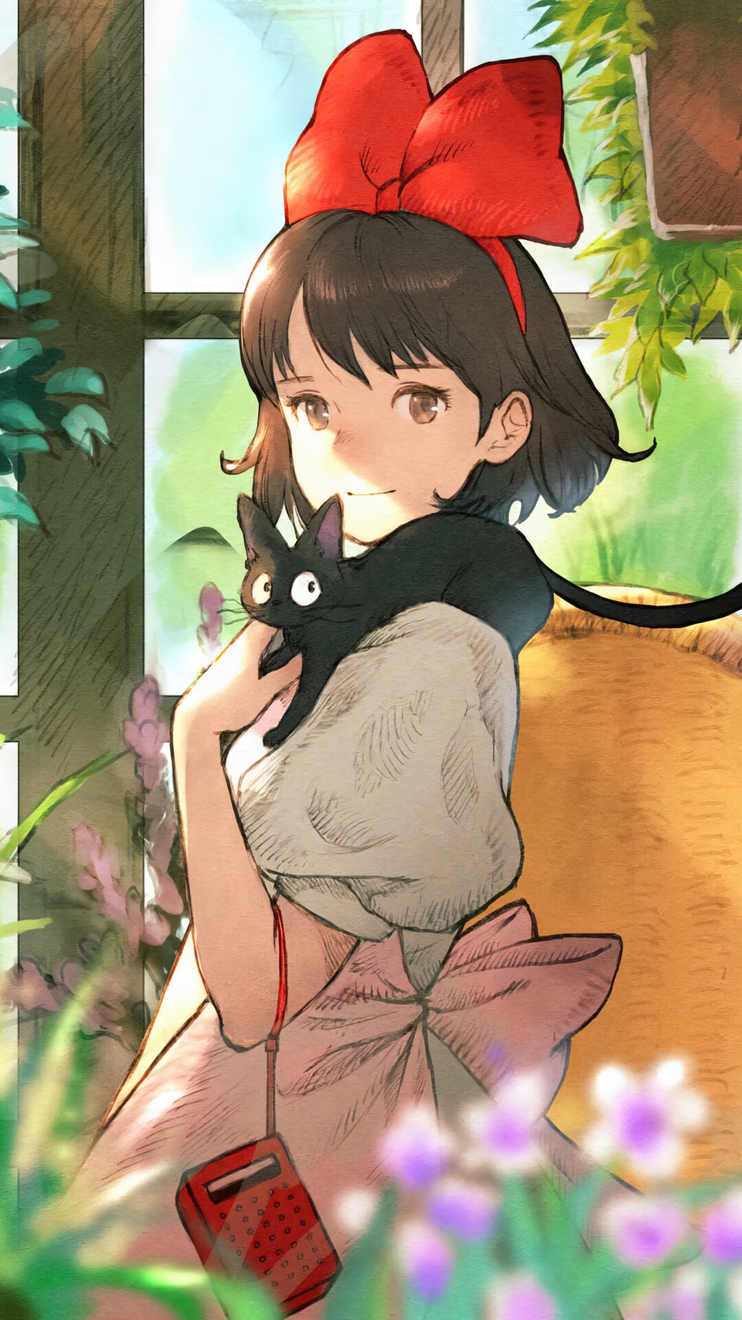Kiki's Delivery Service: Girl with Black Cat and Red Bow HD Phone Wallpaper