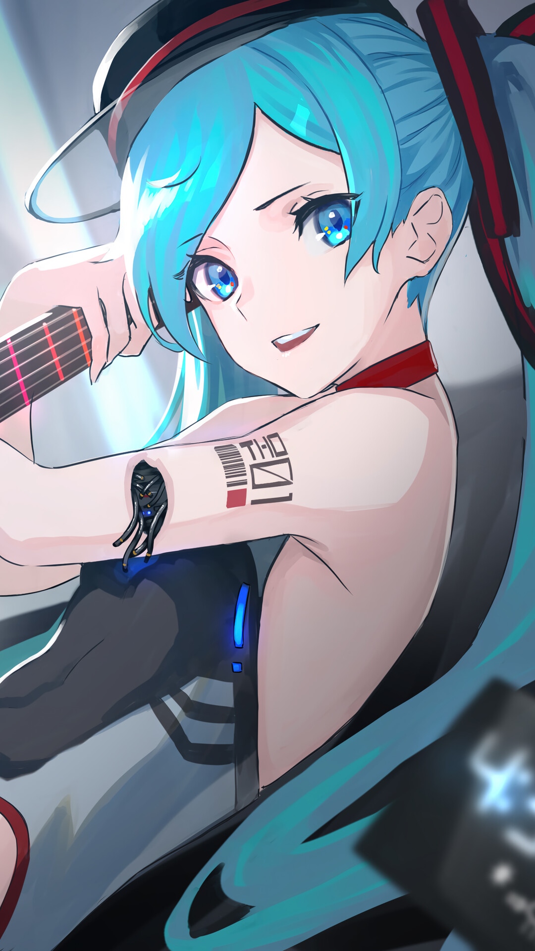 Hatsune Miku with a Guitar and Cyborg Arm HD Phone Wallpaper