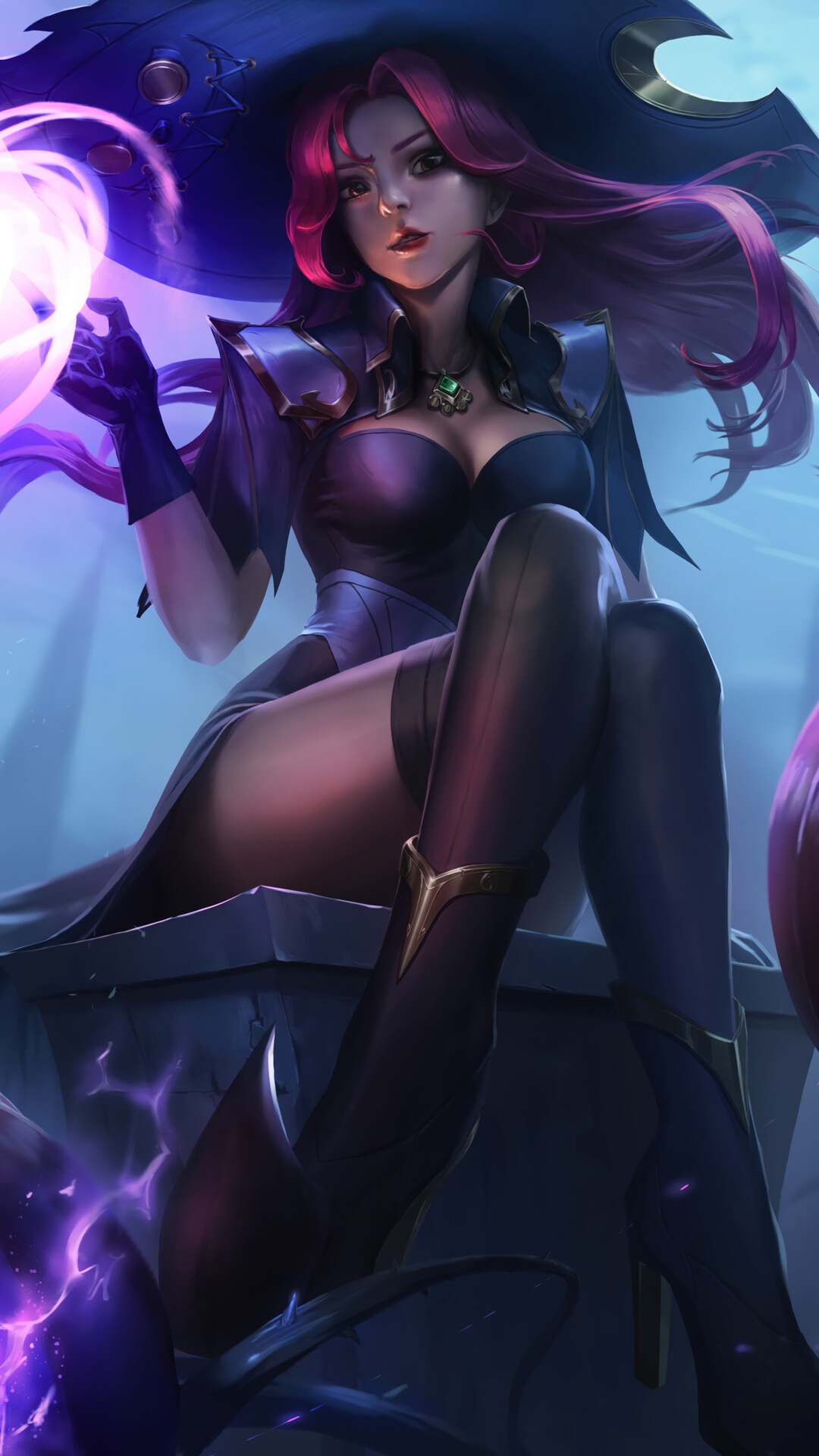 A witch with pink hair casting a spell HD Phone Wallpaper