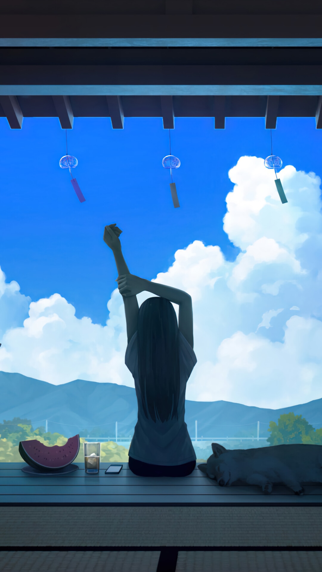 Anime girl stretching with a dog and watermelon HD Phone Wallpaper