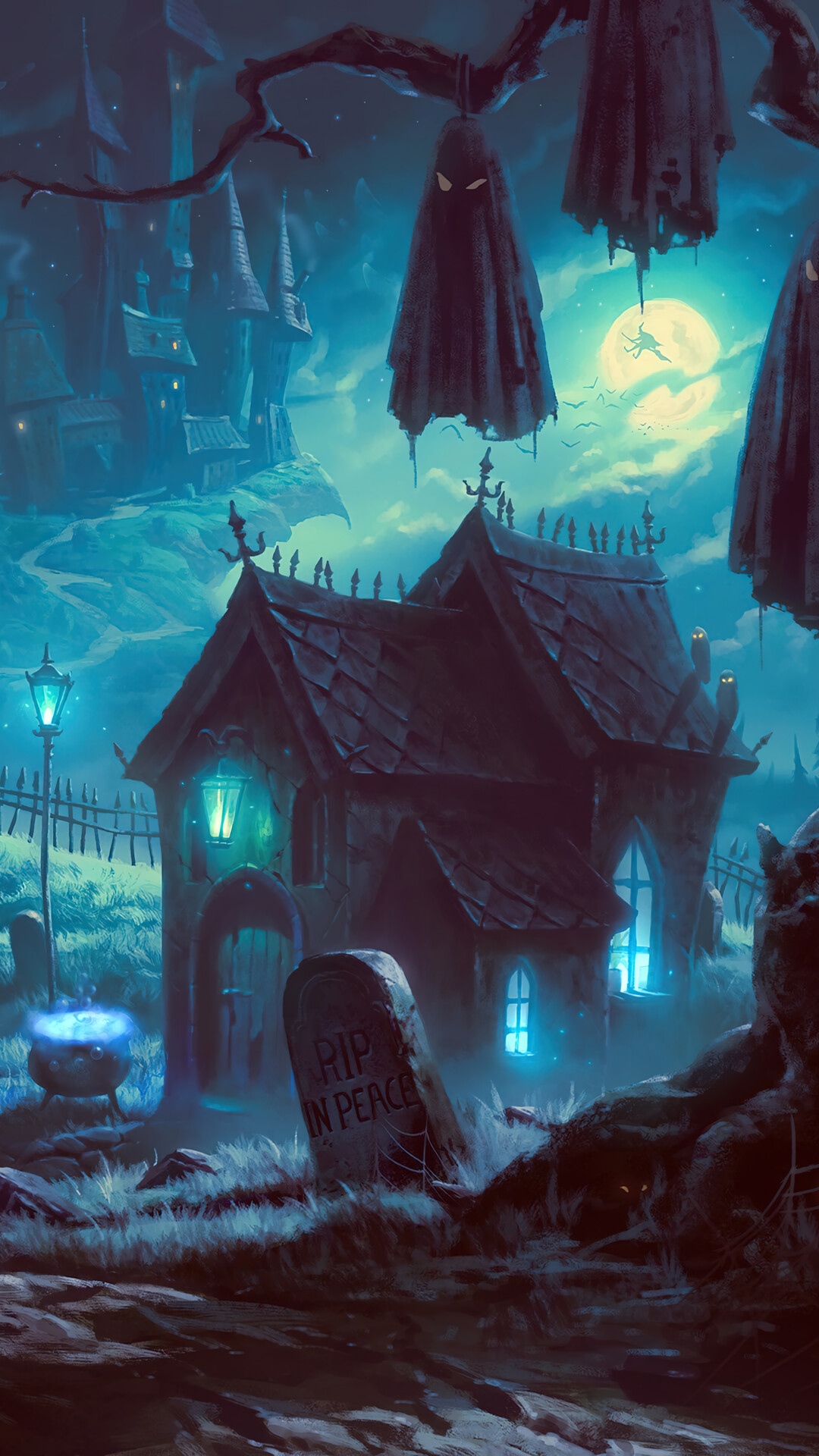Halloween graveyard with haunted houses and ghosts HD Phone Wallpaper