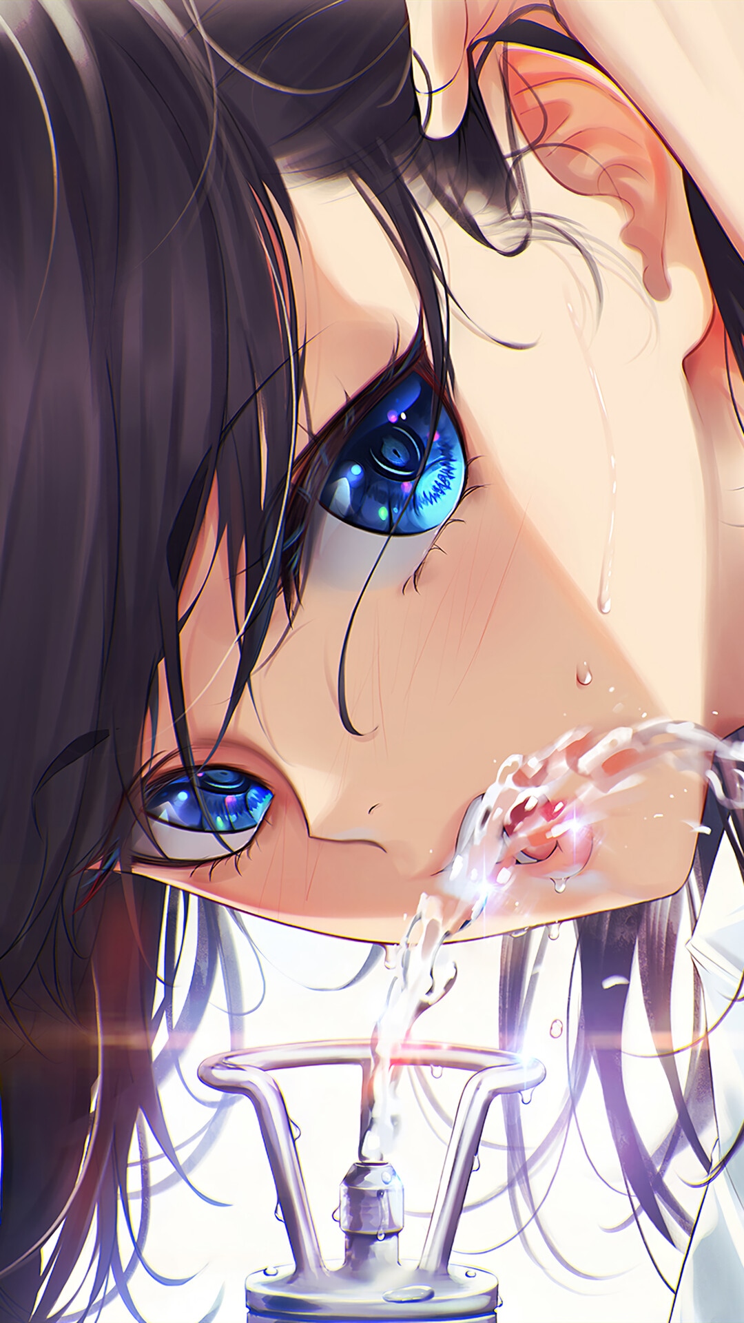 Anime girl with blue eyes drinking water HD Phone Wallpaper