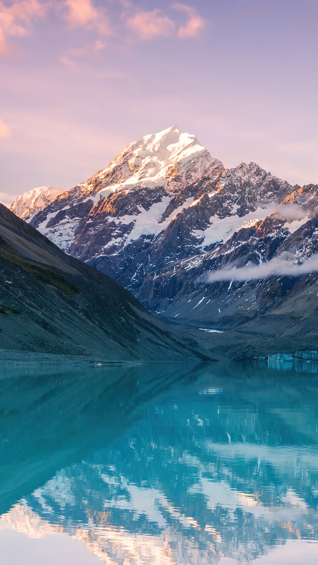 Snow-capped mountain reflected in a turquoise lake HD Phone Wallpaper