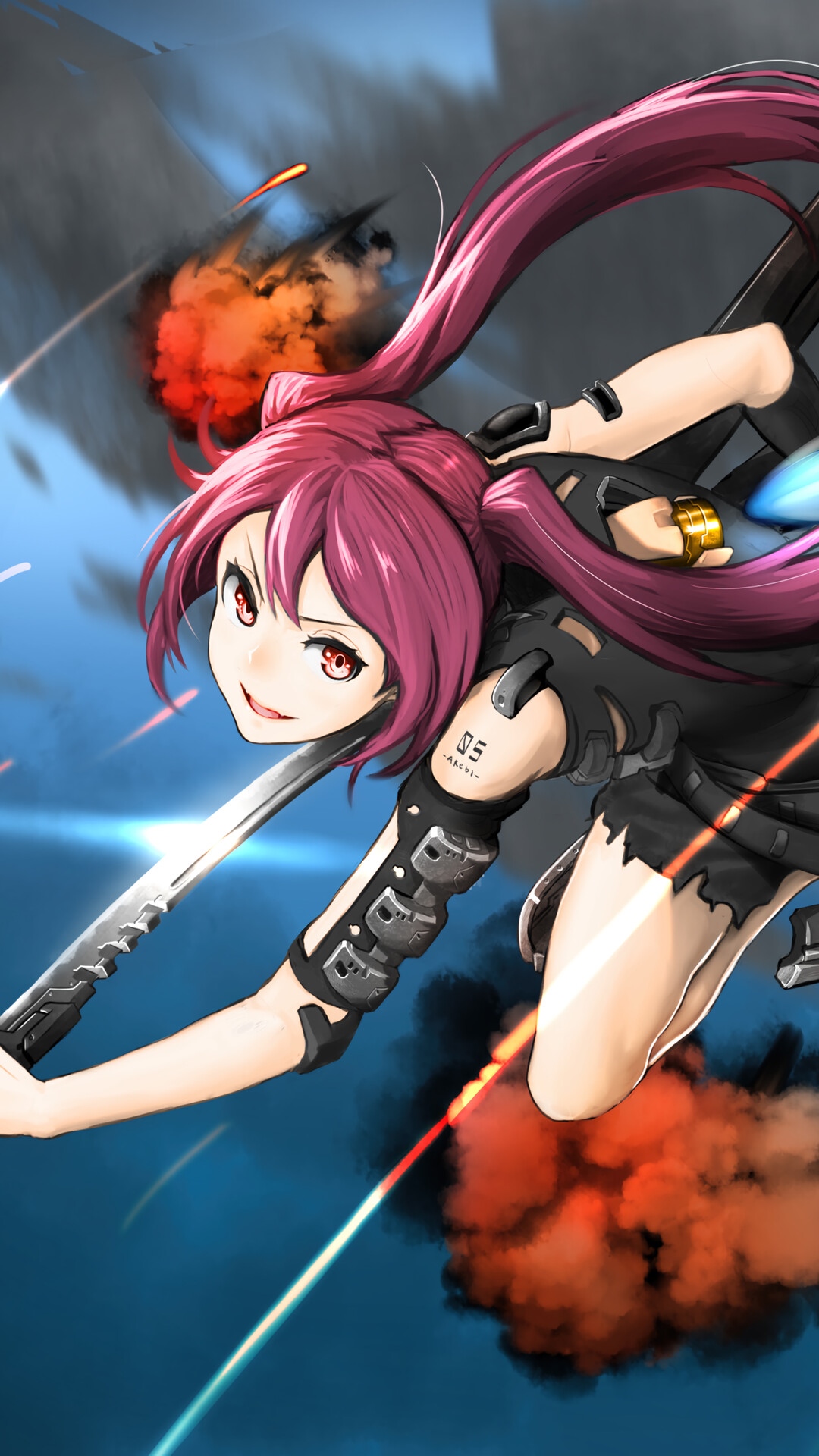 Anime Girl with Katana and Explosions HD Phone Wallpaper