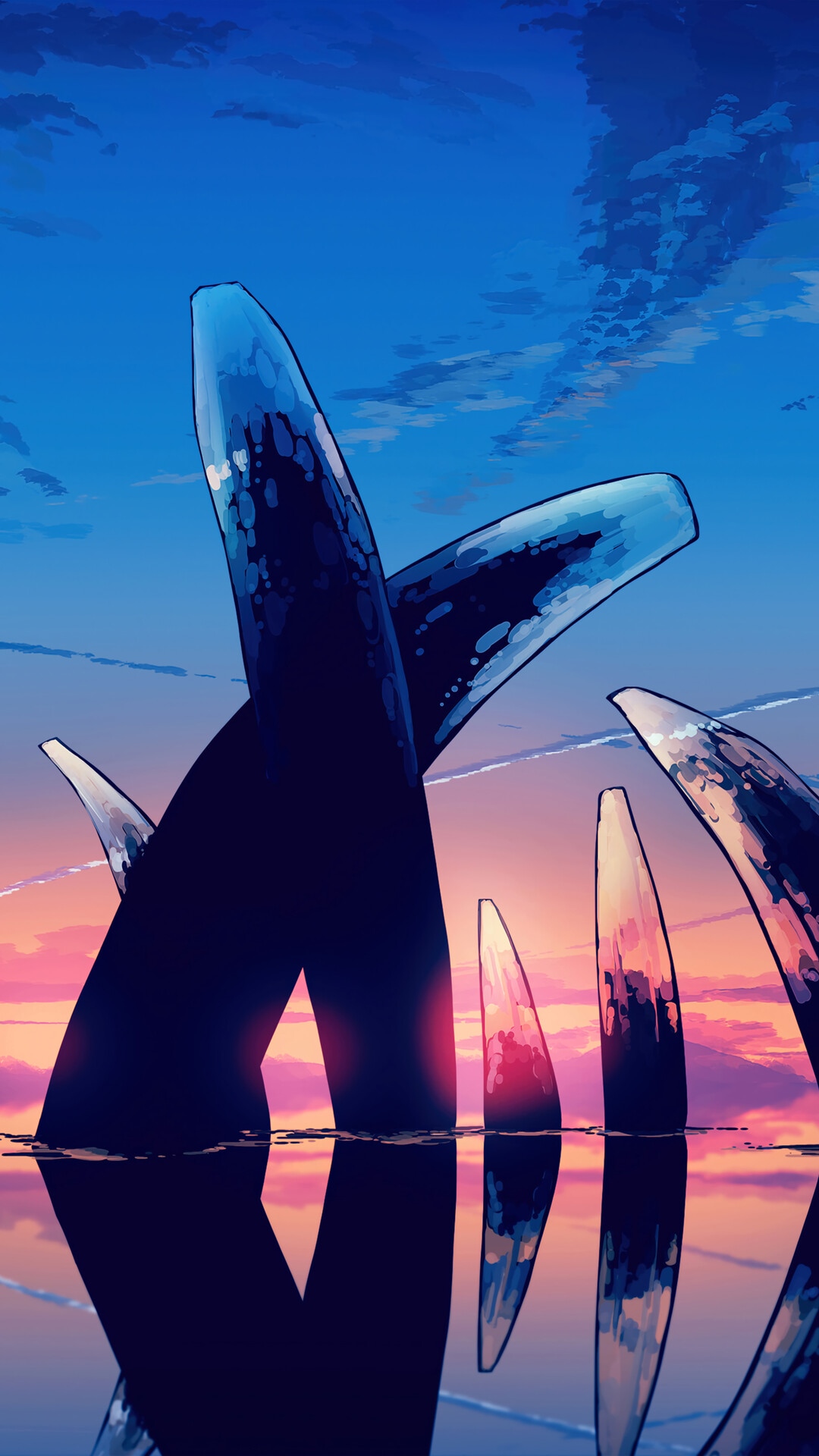 Anime art of abstract shapes at sunrise over water HD Phone Wallpaper
