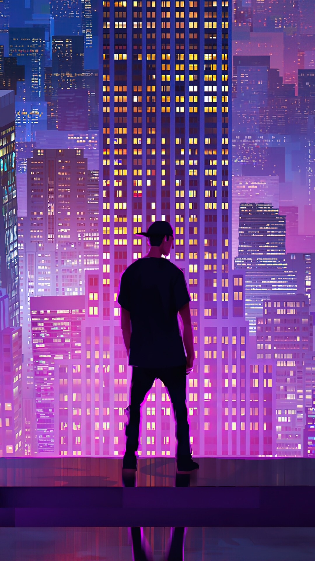 Man standing in front of a neon city skyline at night HD Phone Wallpaper