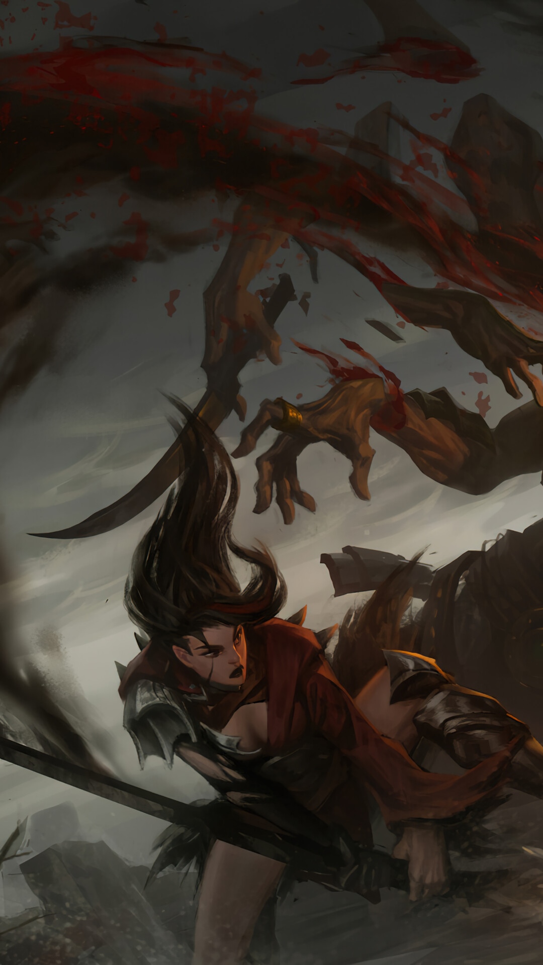 Warrior girl fighting monsters with bloody hands HD Phone Wallpaper