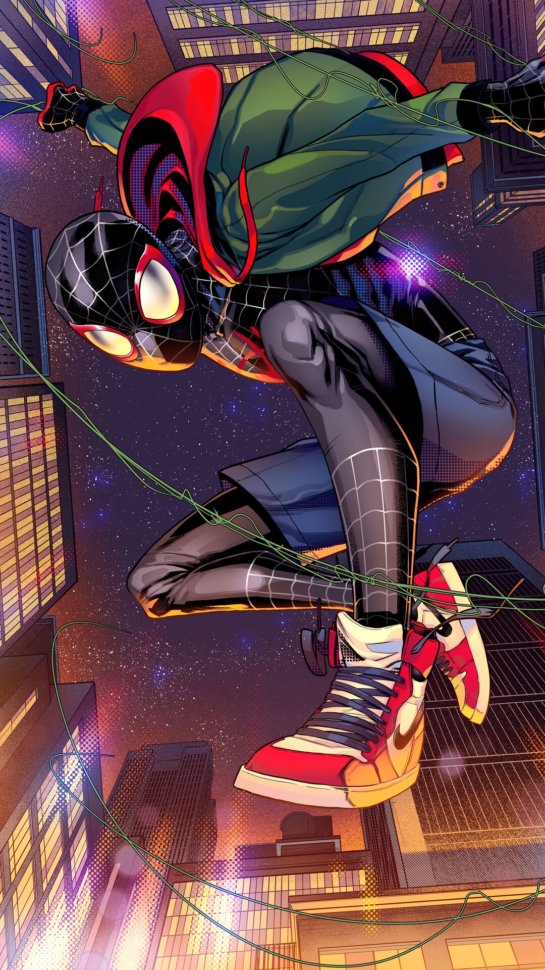 Miles Morales swinging through a city at night HD Phone Wallpaper