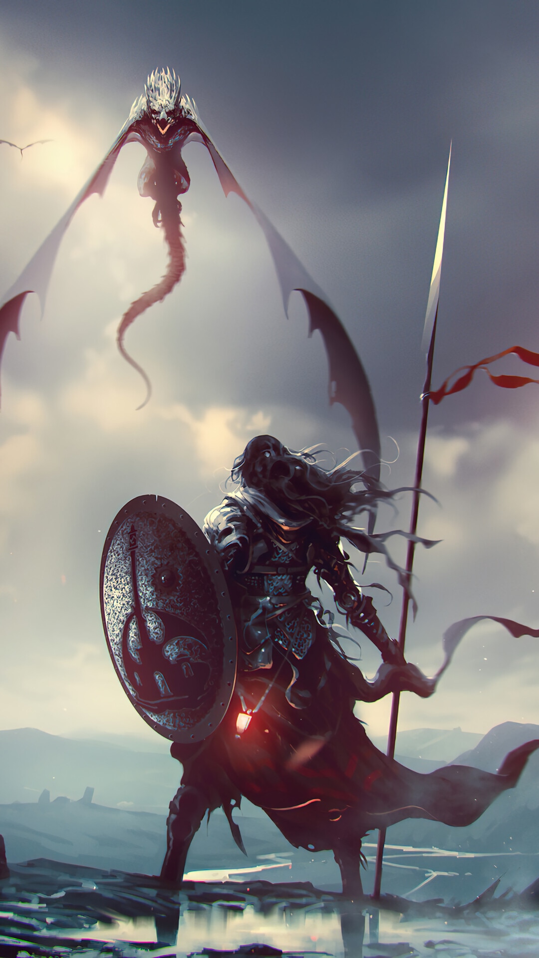 Warrior with shield and spear facing a dragon HD Phone Wallpaper