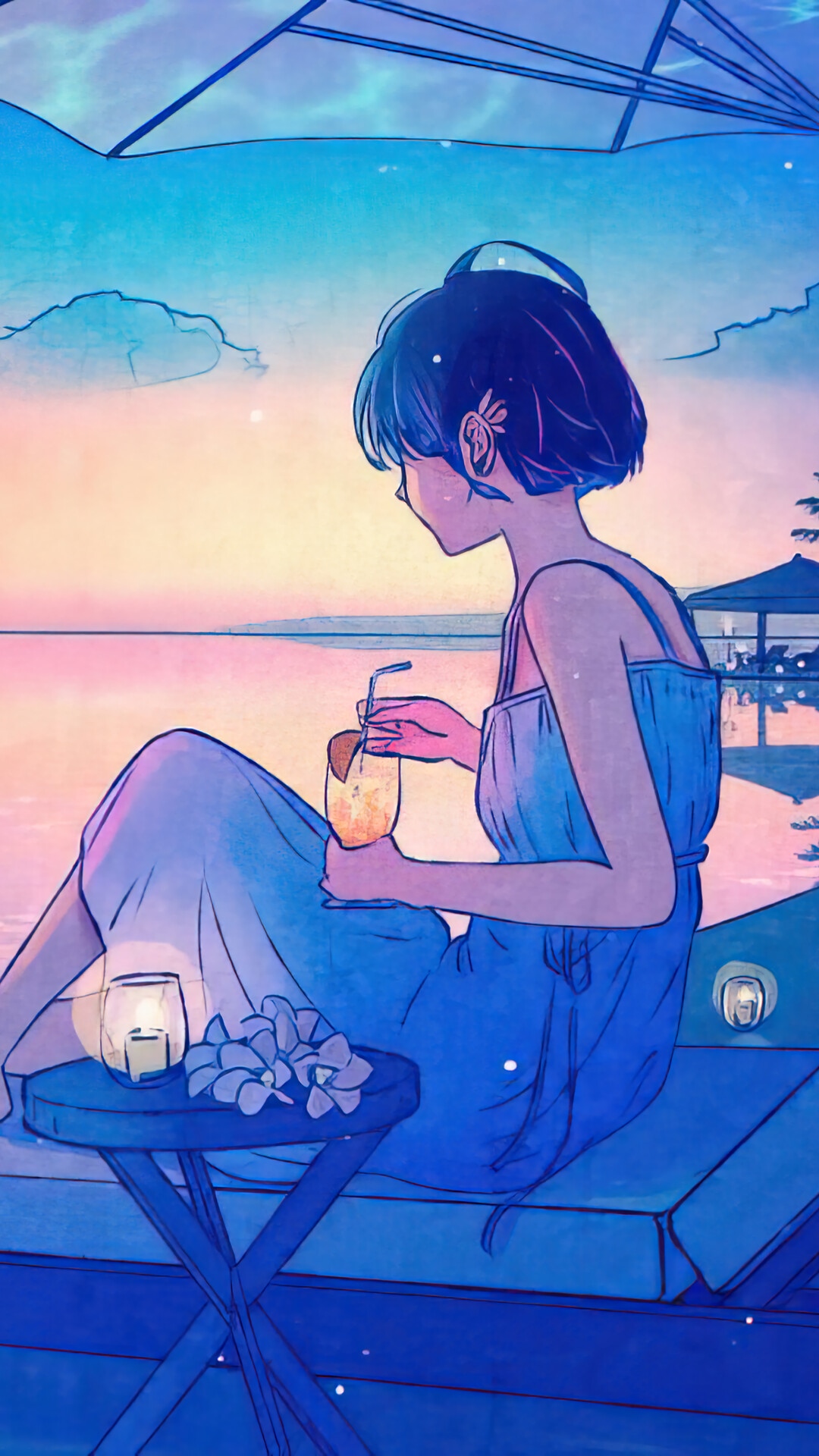 Anime girl with drink on beach at sunset HD Phone Wallpaper